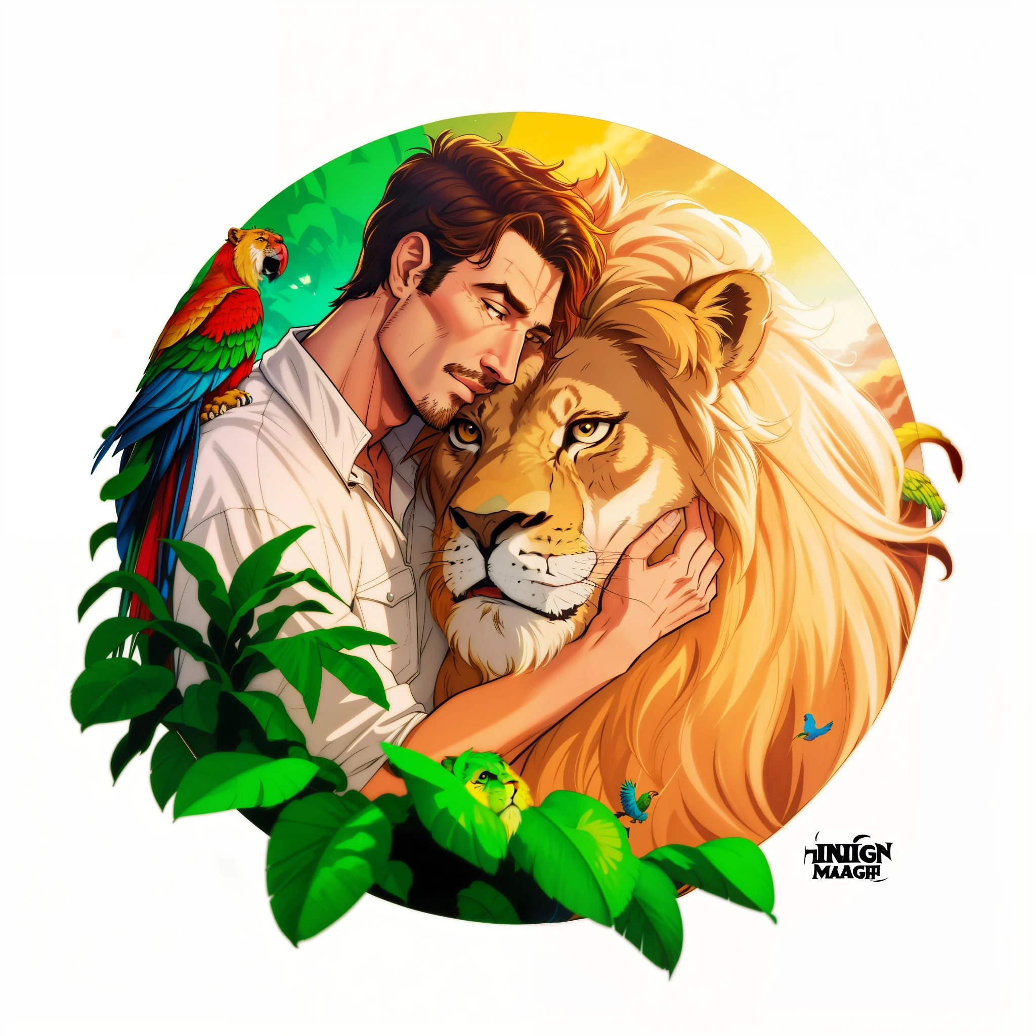 there is a man hugging a lion with a parrot on his shoulder, inspired by Jean Hélion, aslan the lion, king of the jungle, fanart ”, official fan art, fan art, high quality fanart, by Ric Nagualero, 