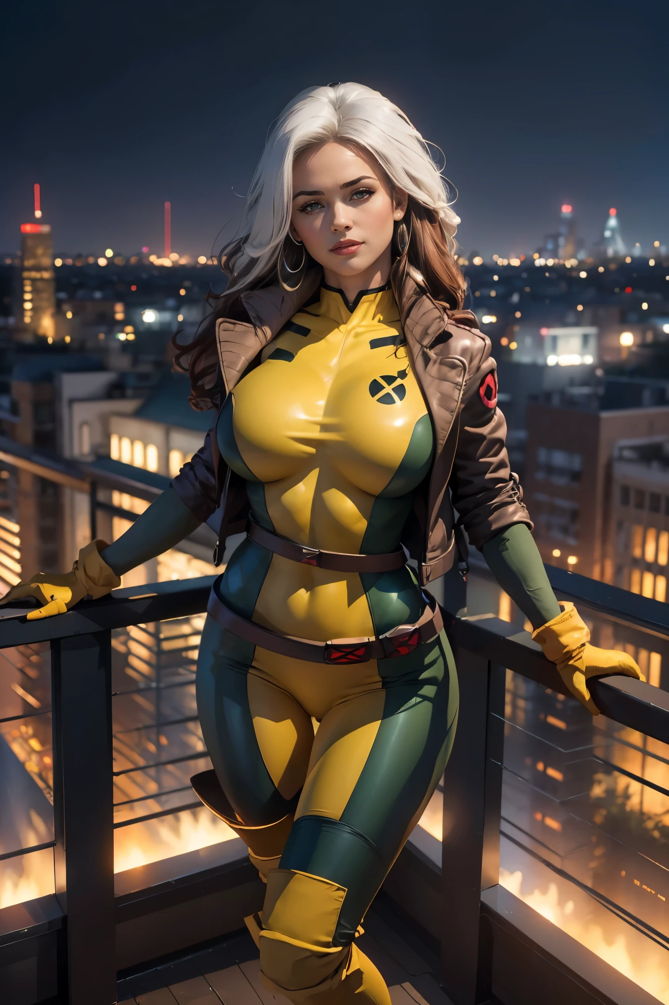 (best quality,4k,8k,highres,masterpiece:1.2),ultra-detailed,(realistic,photorealistic,photo-realistic:1.37),full body shot,Rogue,X-Men,yellow thigh high boots,beauty pose, standing tall, show feet, outside, city rooftop at night