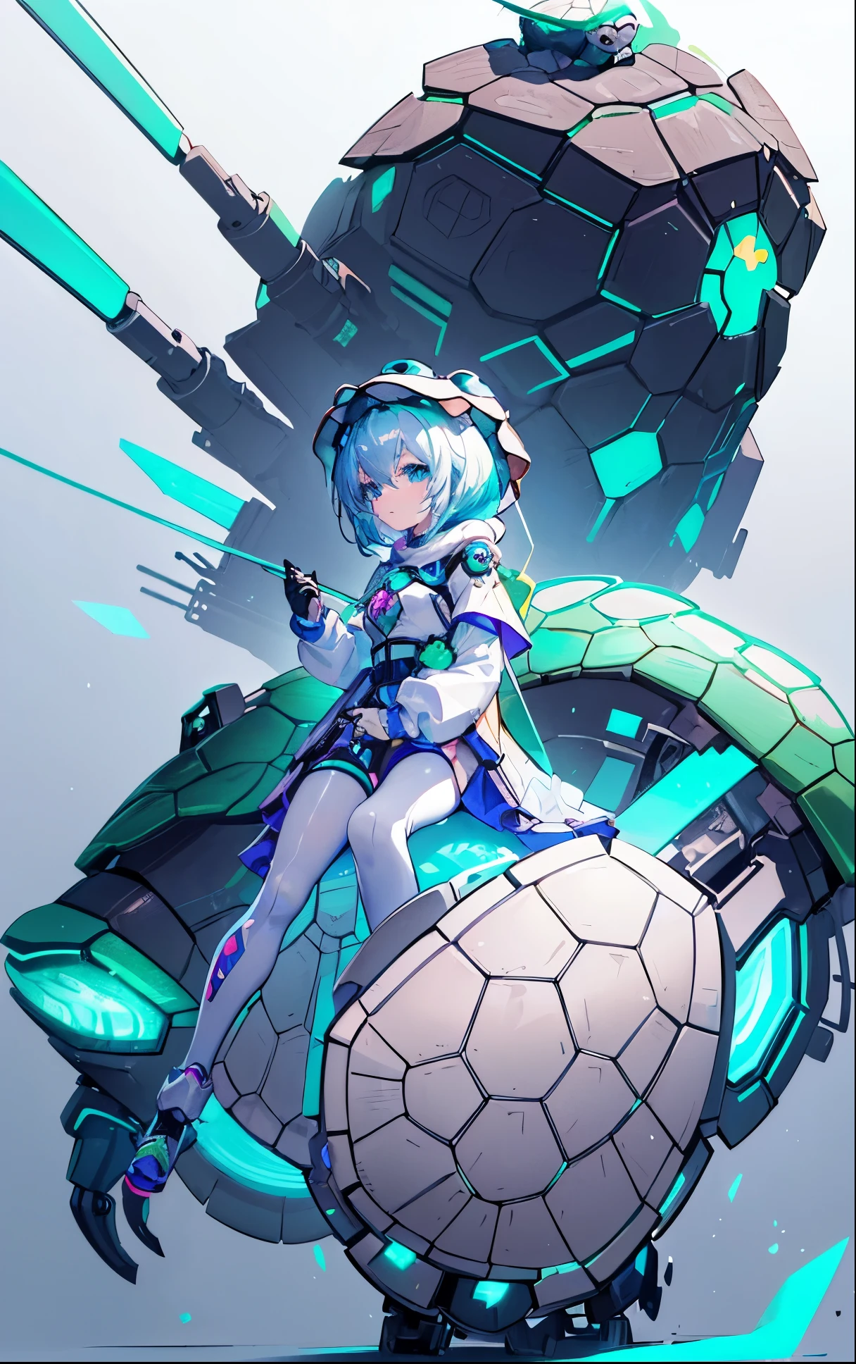 super sweet and cute,beautiful girl(anthropomorphic turtle:1.5),transparent cute horse, Transparent mecha, Exquisite helmet:1.2, Glow-in-the-dark goggles:1.2, cyberpunk, dreamy light, glowing neon light, Clean, White background,