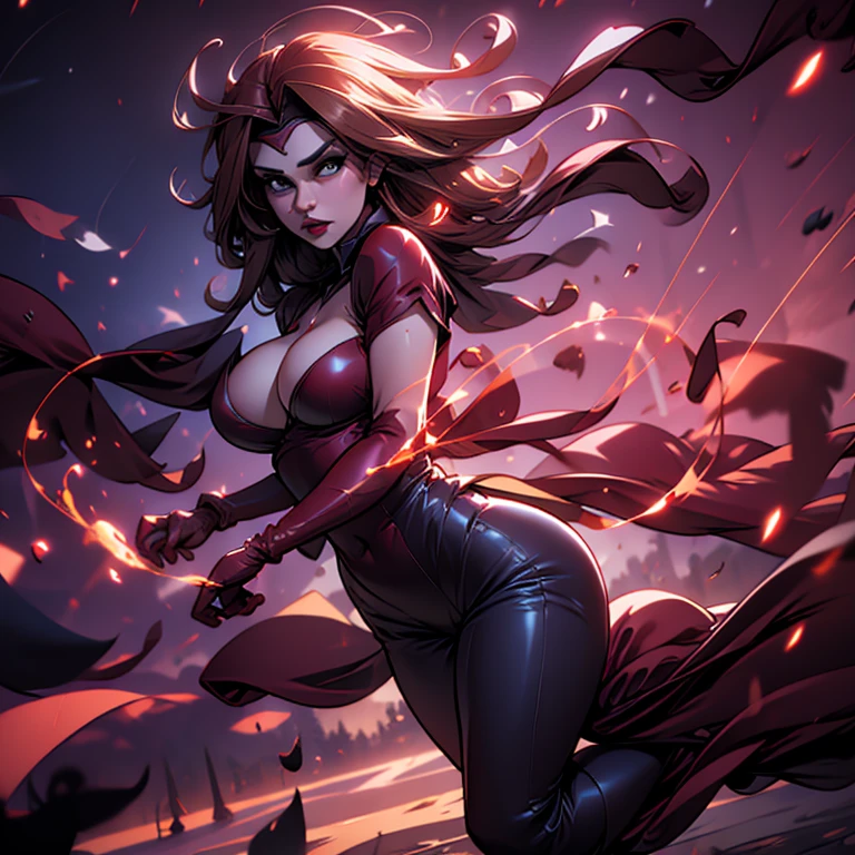 Realistic portrayal of Scarlet Witch, Masterpiece quality, Large breasts, High contrast, Photorealistic rendition, 8k high definition, Detailed and Unified CG wallpaper, Extremely detailed, High resolution, Ultra-sharp, Cinematic lighting, Scarlet Witch character, Enlarged bosom, Attractive and curvy figure.