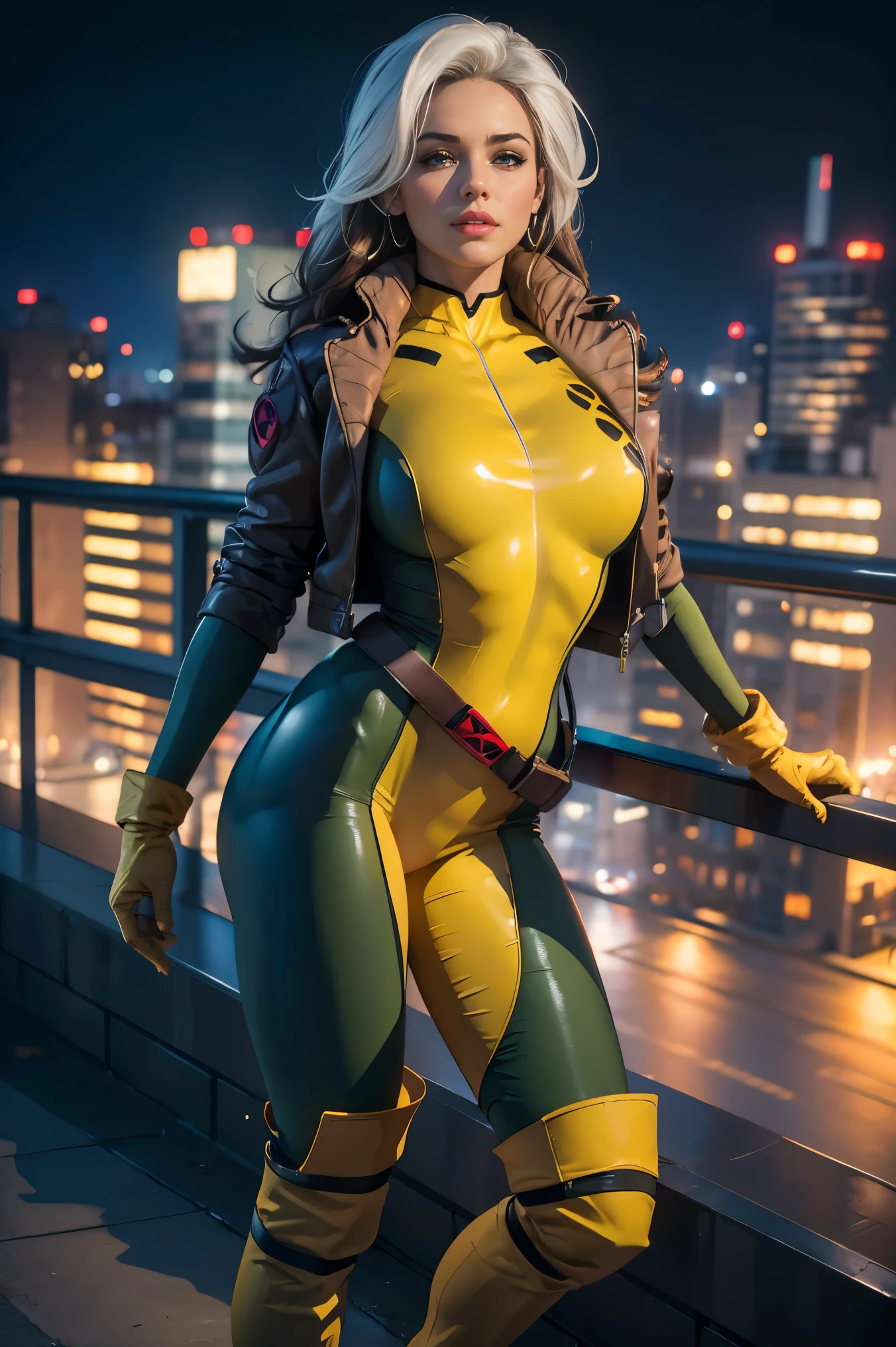 (best quality,4k,8k,highres,masterpiece:1.2),ultra-detailed,(realistic,photorealistic,photo-realistic:1.37),full body shot,Rogue,X-Men,yellow thigh high boots,beauty pose, standing tall, show feet, outside, city rooftop at night