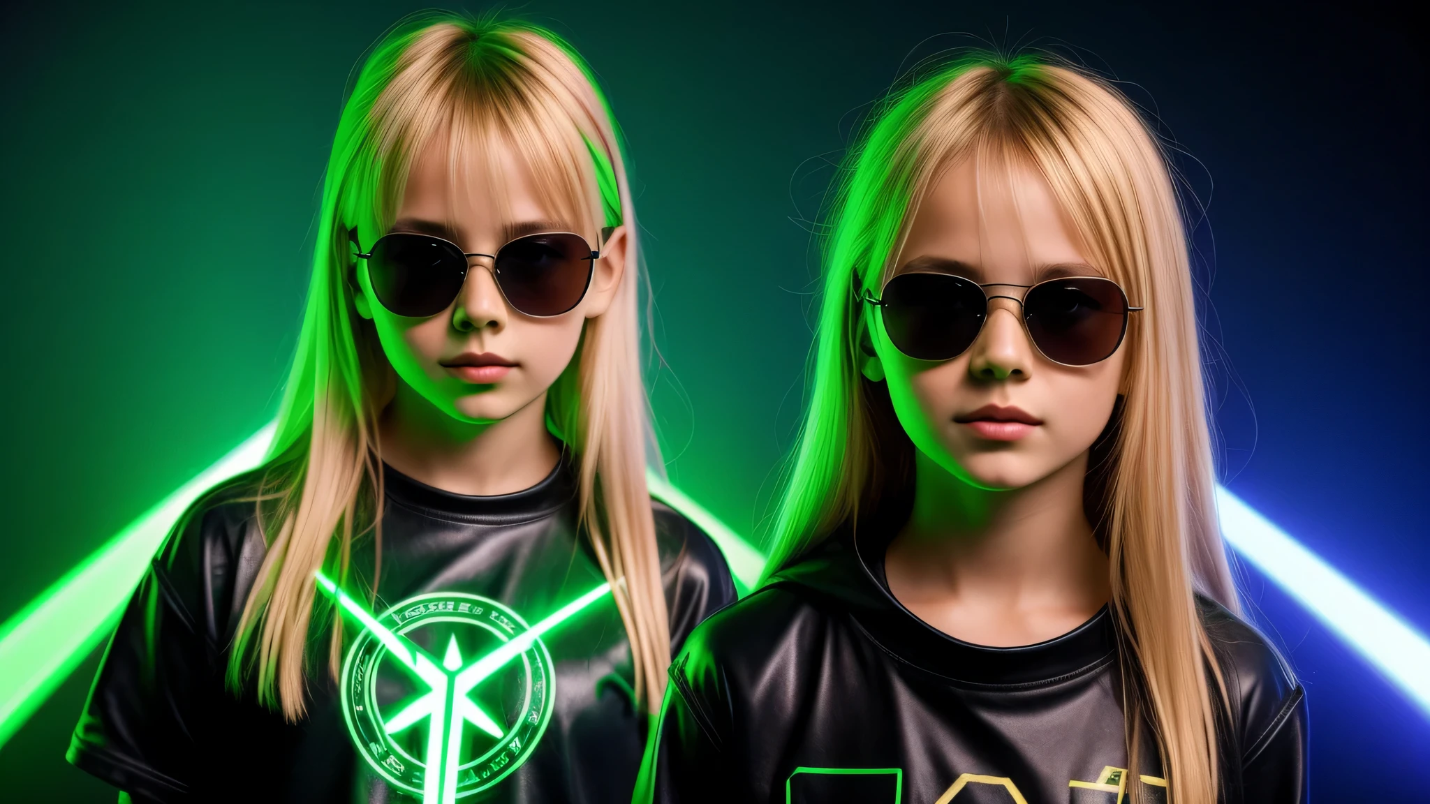 image of a kids girls blonde with sunglasses and a sign, halo on fire, heavy metal band promo, green lasers.