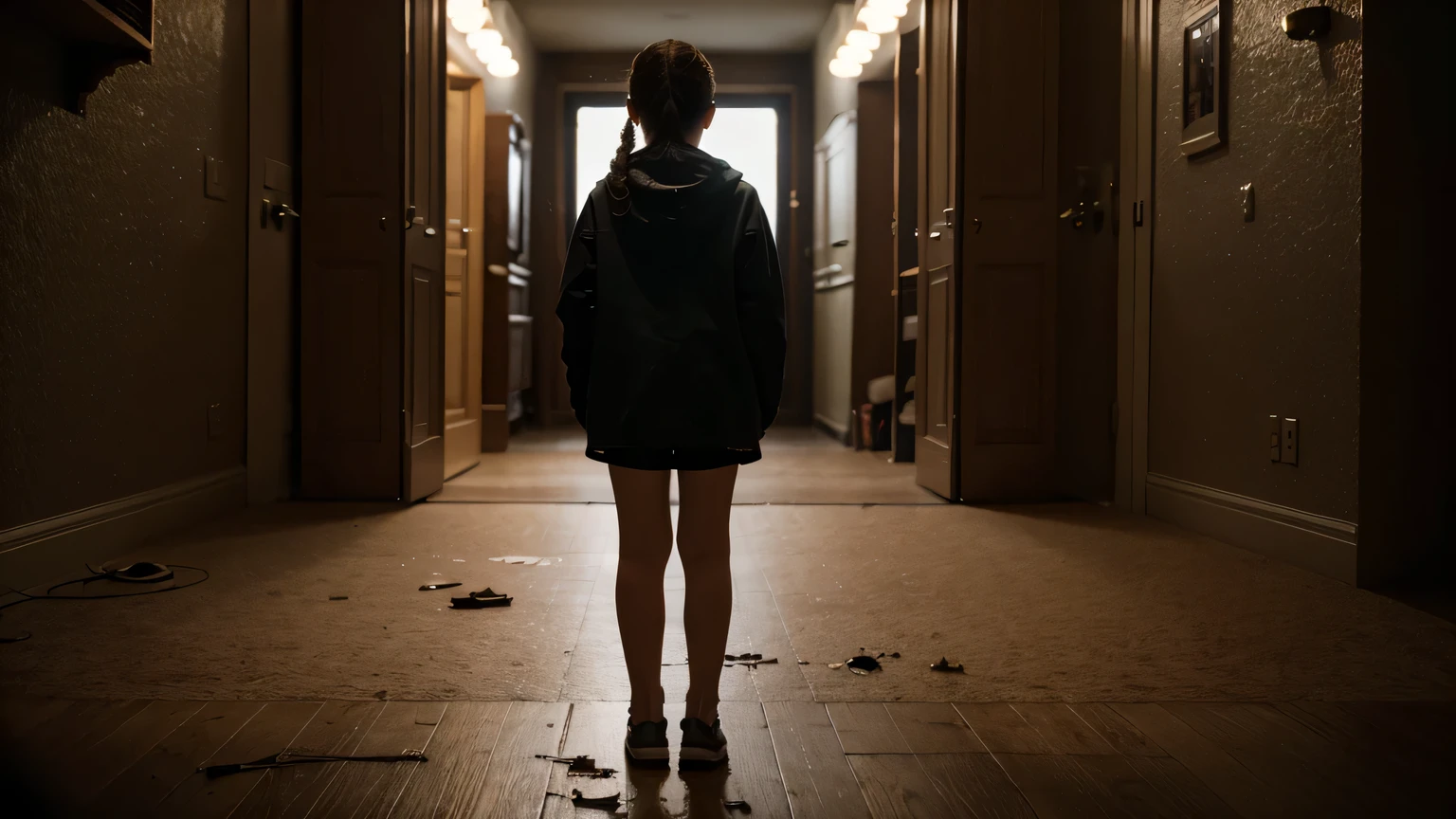 a standing, corpo todo, Horror, Quebrado, distorcido, luz distorcida, apartamento pequeno, Cinematic masterpiece, ultra high resolution, alta qualidade, cinematic lighting,