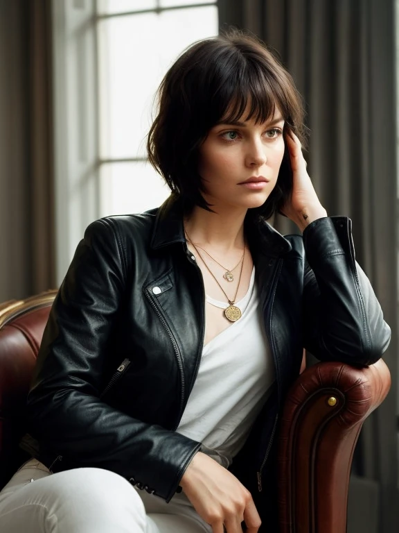 beautiful woman aged 38, disheveled dark straight short hair with fringe, head bowed, sad pensive face, wearing a leather jacket, necklace, white shirt and denim pants, sitting on an elegant armchair, casual pose, thoughtful face, cozy room in the rococo style in the background, moody light