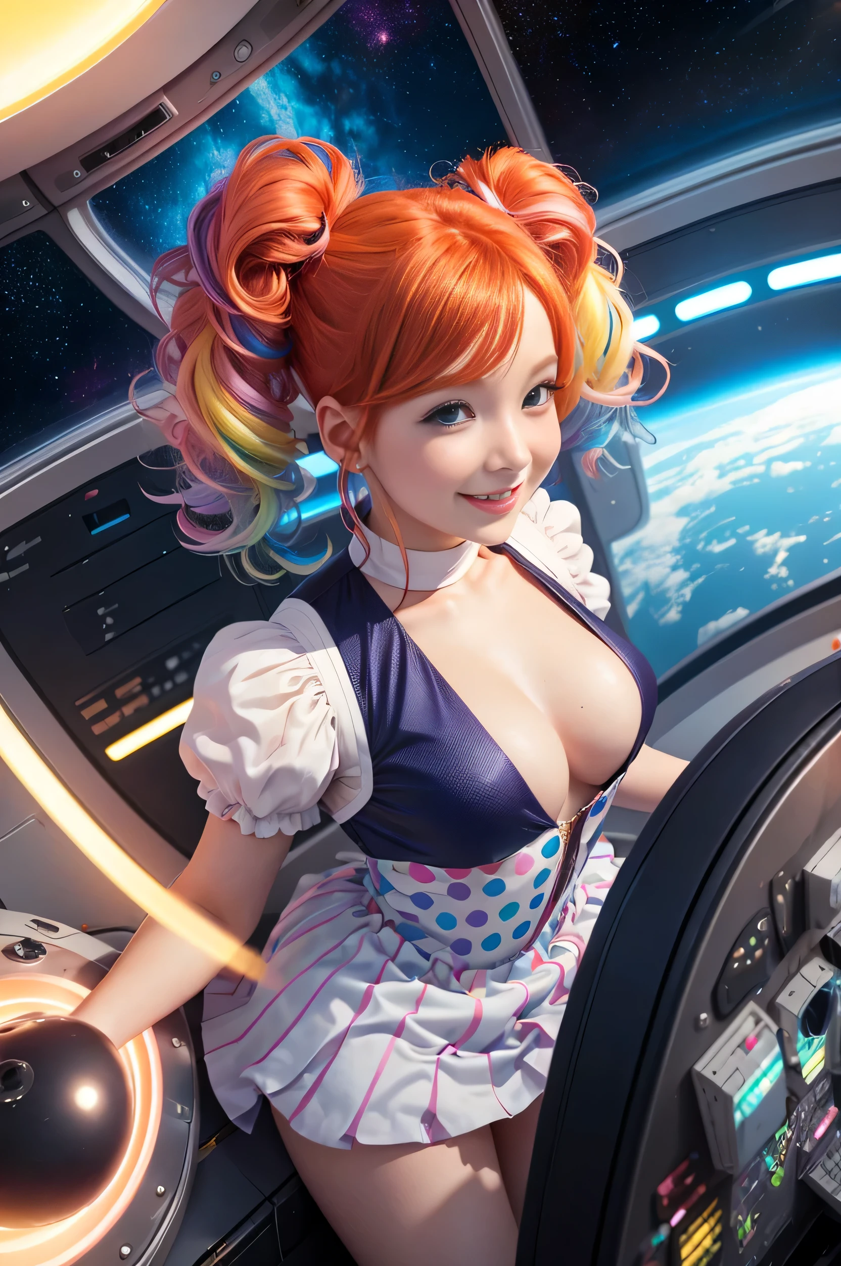 (overhead view) Cute redhead with rainbow colored hair tips, ribbons in her hair, 18-year-old woman, happy, smiling, in twin tails, perfect eyes, clear sparkling blue eyes, pale skin, silky smooth skin, flying a fancy metal luxurious space ship, futuristic cockpit, she's a pilot, outer space seen in windows, dark warm lighting, wearing a futuristic party dress, pleated (chemise) mini dress (pastel rainbow colors, and polka dots), puffy sleeves, silk, pantyhose, cute short cut booties, boots.