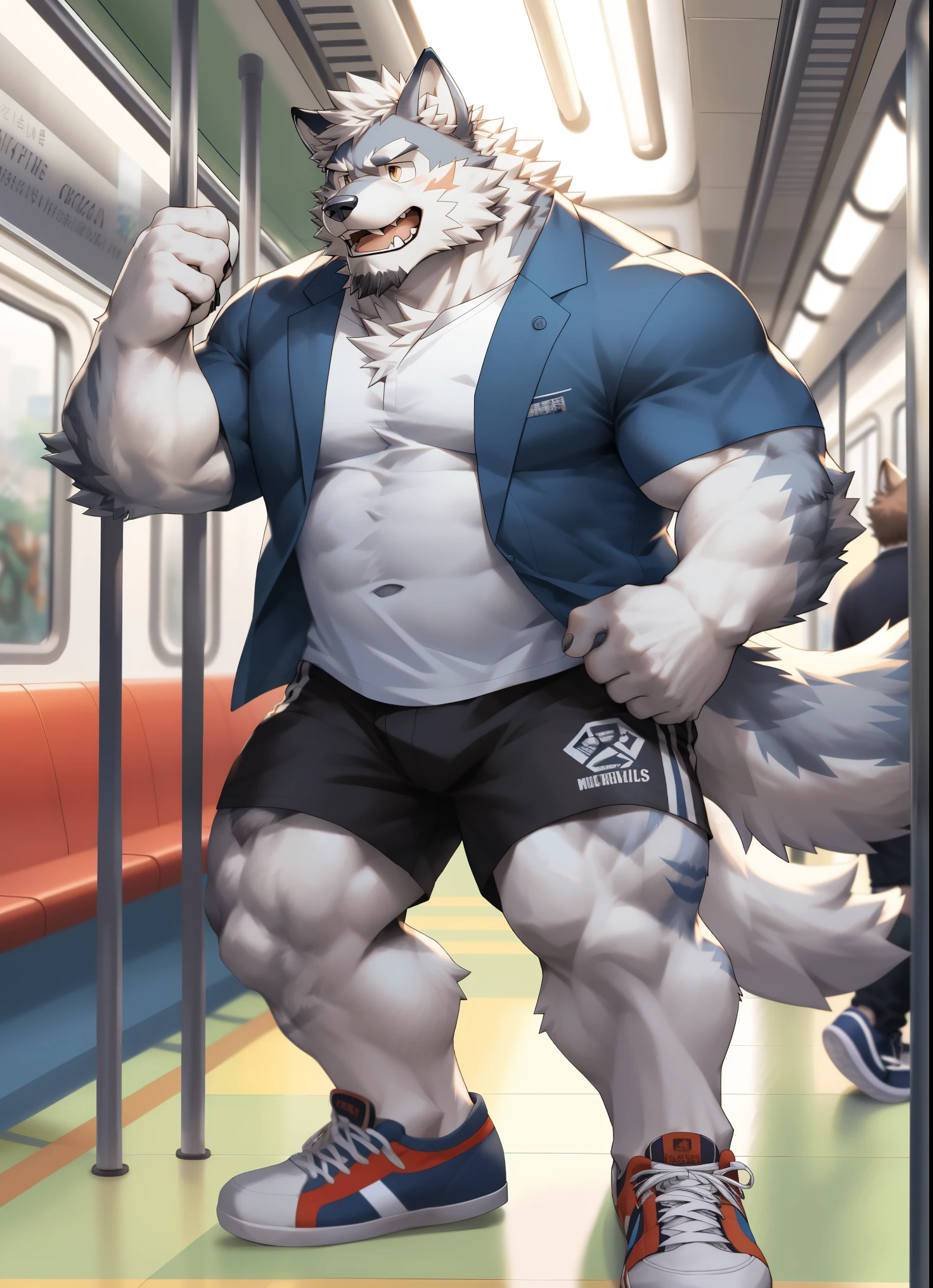 hairy,((Wolf,White coat)),white fur,male,Common,((极其lifelike阴影,masterpiece,Very detailed,lifelike)),
((Cat)),Physical man,dynamic poses,On the bus