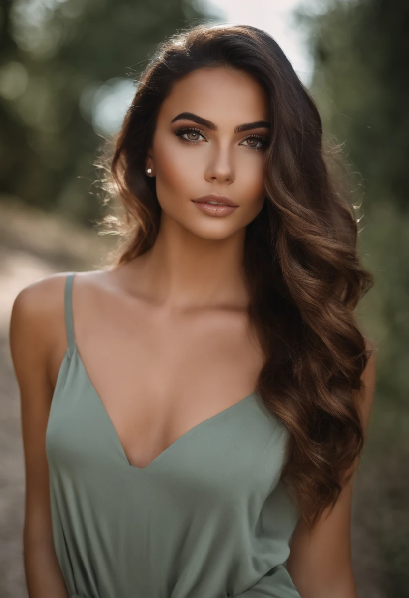 Femme Arafed avec des vêtements noirs, fille sexy aux yeux bruns, de face , cheveux bruns et grands yeux, selfie d'une jeune femme, Latina , sans maquillage, Maquillage naturel, regarder directement la caméra, visage avec artgram, maquillage subtil, une photo de près avec un magnifique paysage