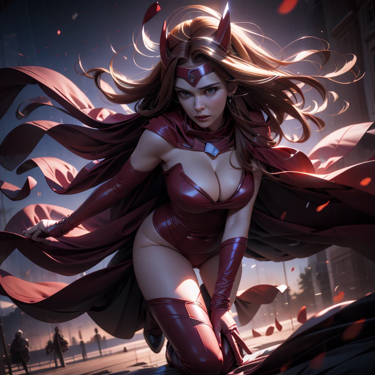 Realistic portrayal of Scarlet Witch, Masterpiece quality, Large breasts, High contrast, Photorealistic rendition, 8k high definition, Detailed and Unified CG wallpaper, Extremely detailed, High resolution, Ultra-sharp, Cinematic lighting, Scarlet Witch character, Enlarged bosom, Attractive and curvy figure.