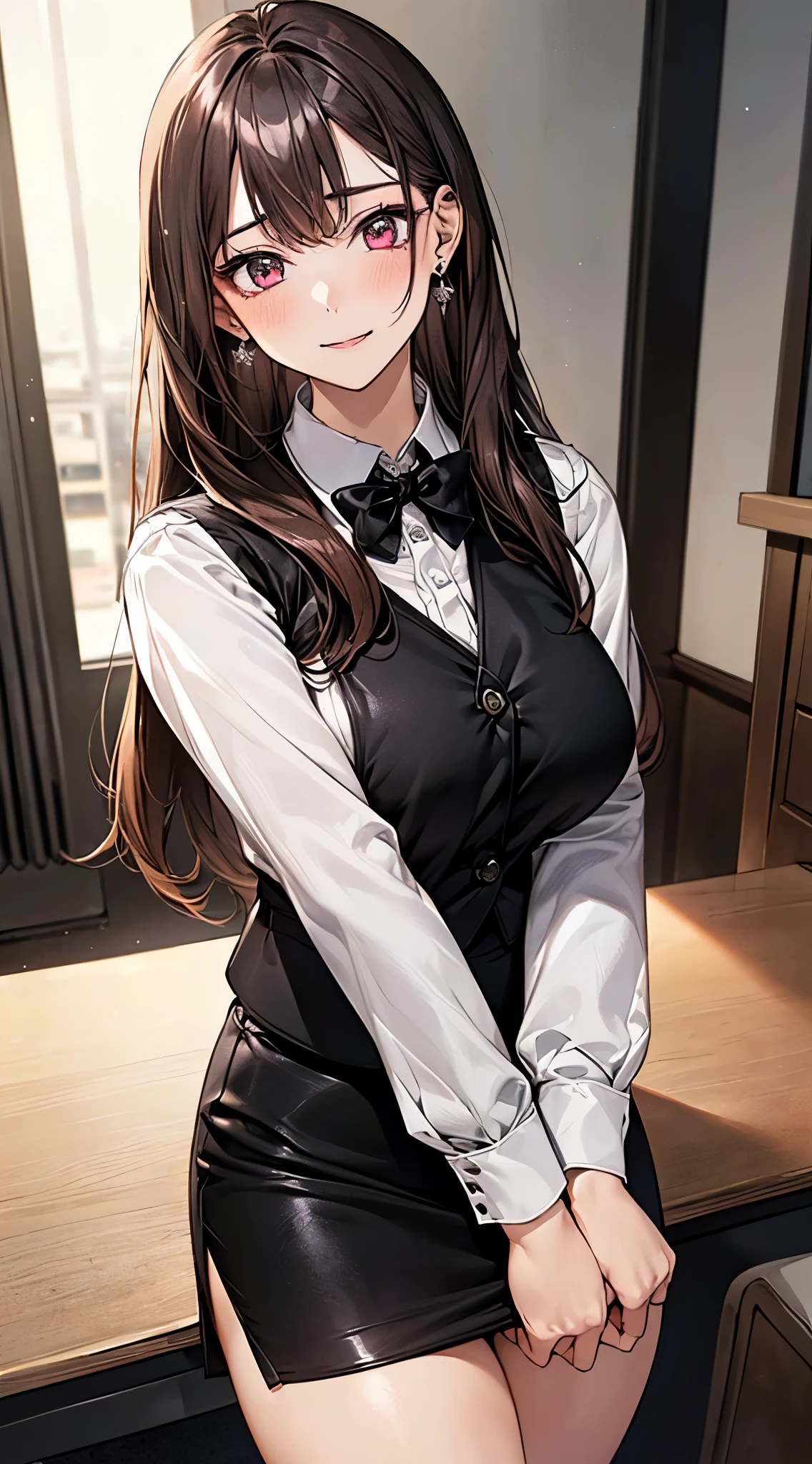 ((((perfect anatomy, Super fine skin)))), 1 girl, Japanese, 17 years old, (Delicate and super shiny skin:1.1), enjoy the scenery, (Awkward:1.2), 
beautiful hair, pretty face, Beautiful and delicate eyes, (long hair:1.4, straight hair:1.7), light brown hair, (beautiful large boobgasms:1.3), earrings, 
Beautifulcollarbone, beautiful body, 美丽的boobgasm, beautiful thighs, beautiful legs, beautiful-detailed fingers, five fingers, baby face, , boobgasm, 
(((Long Sleeve White Shirt, Black suit vest:1.4, Black skinny miniskirt:1.4, a black bowtie, ), Thighs are shiny, Pink perspective, very sexy, crotch, Seductive thighs, camel toe)), 
(Beautiful scenery), office, permanent, skirt lift by yourself,  , 
(8k, top quality, masterpiece​:1.2, Very detailed, , ), (lifelike), Beautiful illustration, Cinema lighting,