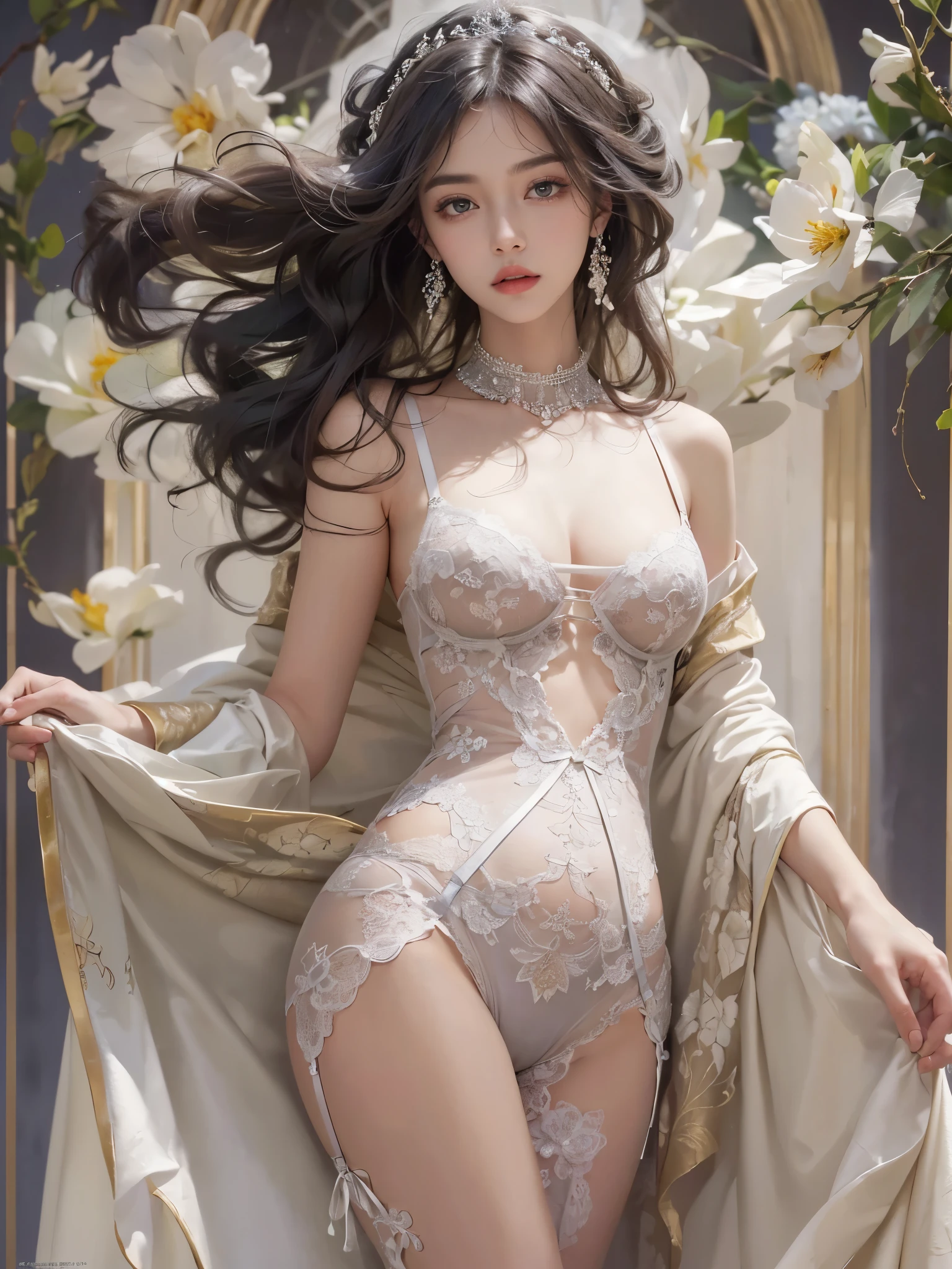 (best quality color photo of a mysterious beautiful woman in luxury lingerie on a fashion magazine cover, haute couture fashion shoot:1.2),(An extremely delicate and beautiful work:1.2), elegant pose, glamorous fashion pose, (the divine light) simple background, art nouveau, focus on art nouveau suit, luxury fashion,(she is the embodiment of beauty and allure, asian beauty, asian actress), (very delicate lace lingerie, sexy lingerie, elegant and sophisticated fashion, her flowing hair cascades gracefully, perfectly complemented by tasteful and elegant makeup:1.2), black hair, detailed face, looking at viewer, detailed eyes, black eyes, lustrous lips ,cleavage, (large breasts, nipple ,camel toe:1.1), skinny physique, beautiful figure, Perfect female body, (large breasts), Gentle and enigmatic expression, High color saturation, surrealism , (best quality, masterpiece, ultra detailed, ultra high res, photorealistic, raw photo, absurdres, absolutely resolution:1.4),