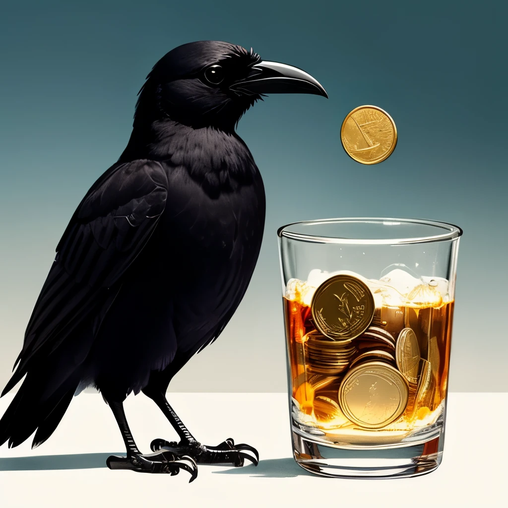 Illustration of a glass of blood, A crow holds a gold coin in its beak