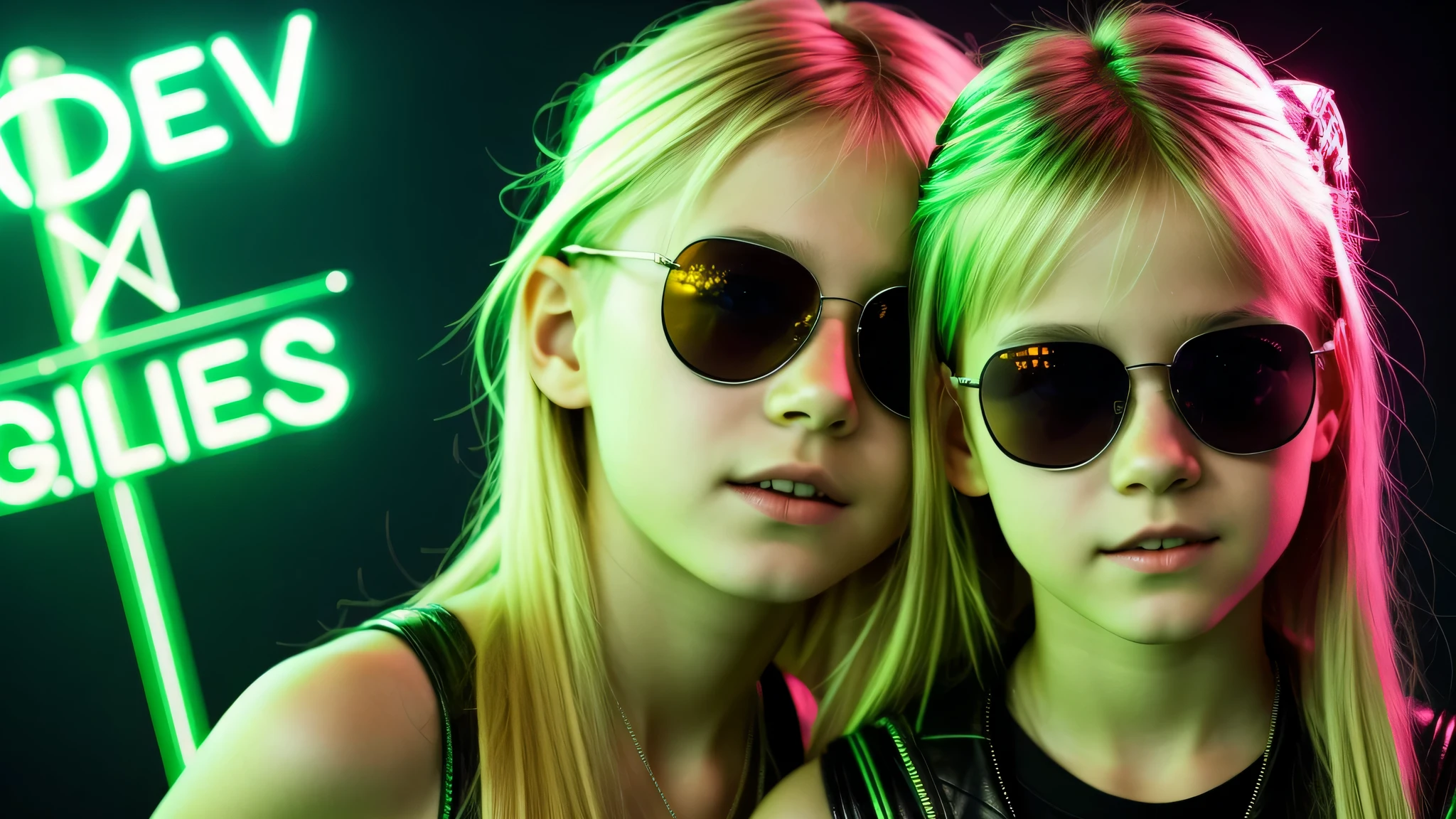 image of a kids girls blonde with sunglasses and a sign, halo on fire, heavy metal band promo, green lasers.