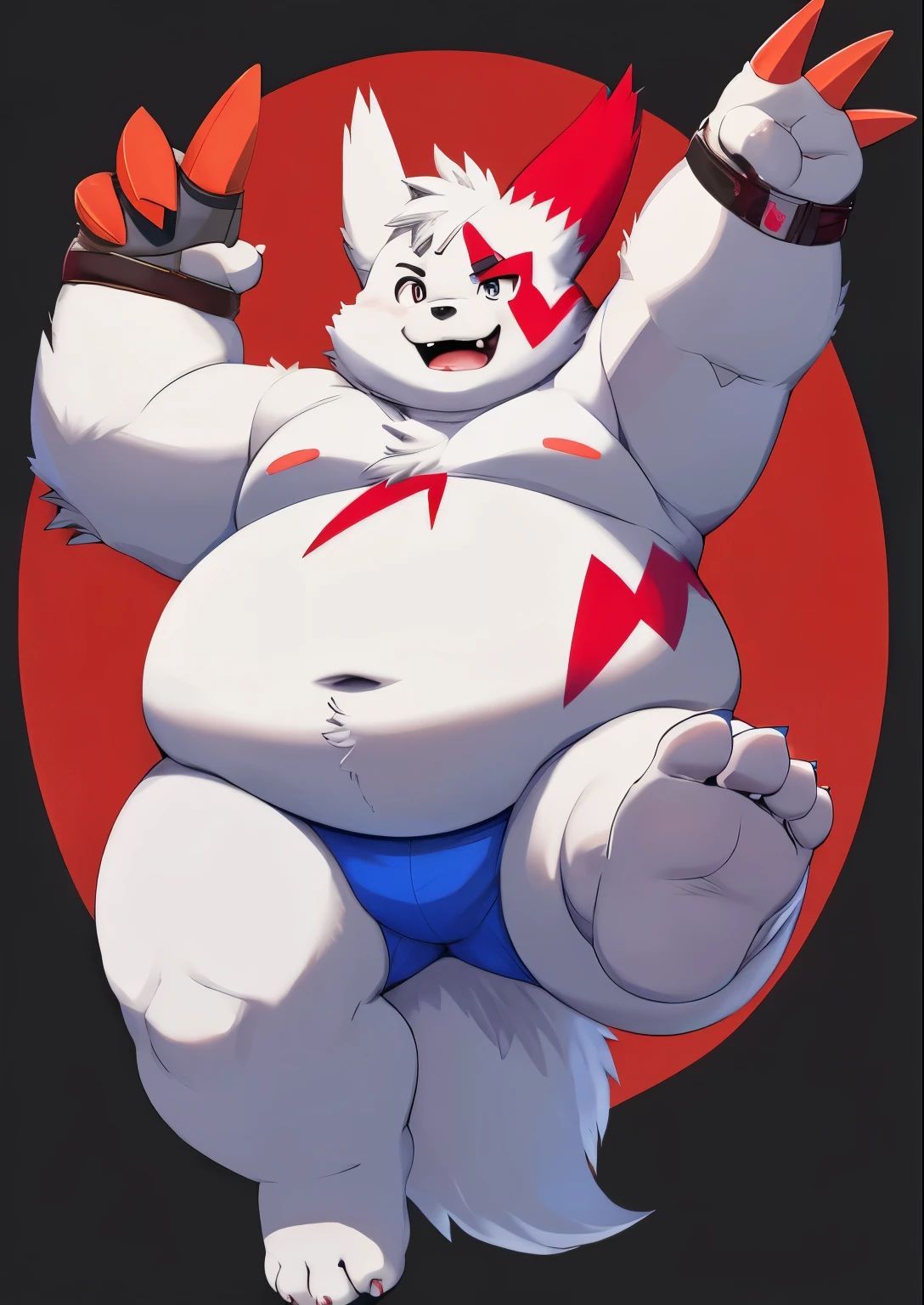 blue genitalia,solo,male people,chubbiness,small fat,Bare-chested,victory pose, solo, Detailed pubic hair, A high resolution,, tmasterpiece,Excessive obesity,Obesity in the extremities,Lift your feet,foot in the air,Correct body proportions,overweight,Zangoose