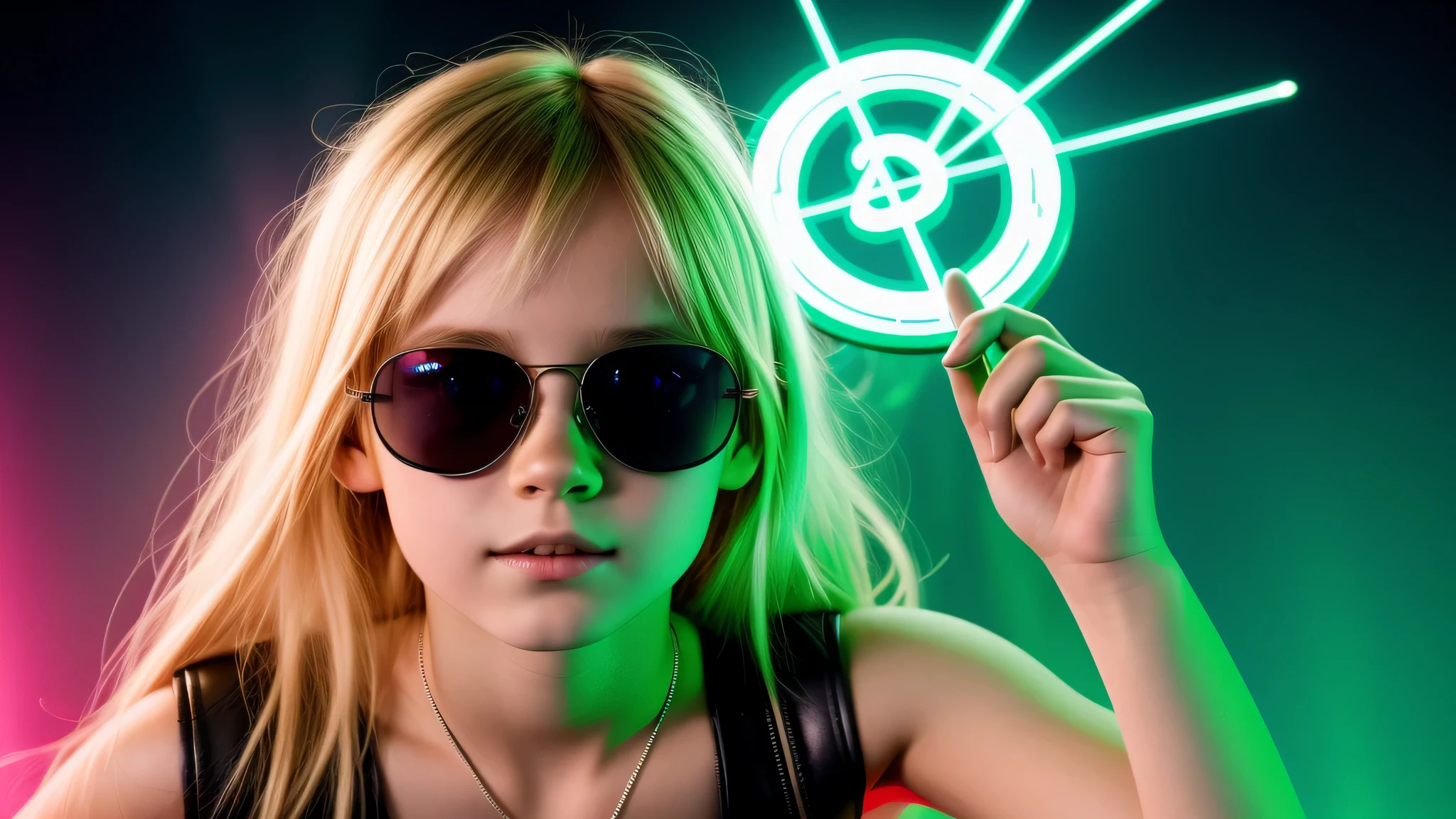 image of a kids girls blonde with sunglasses and a sign, halo on fire, heavy metal band promo, green lasers.