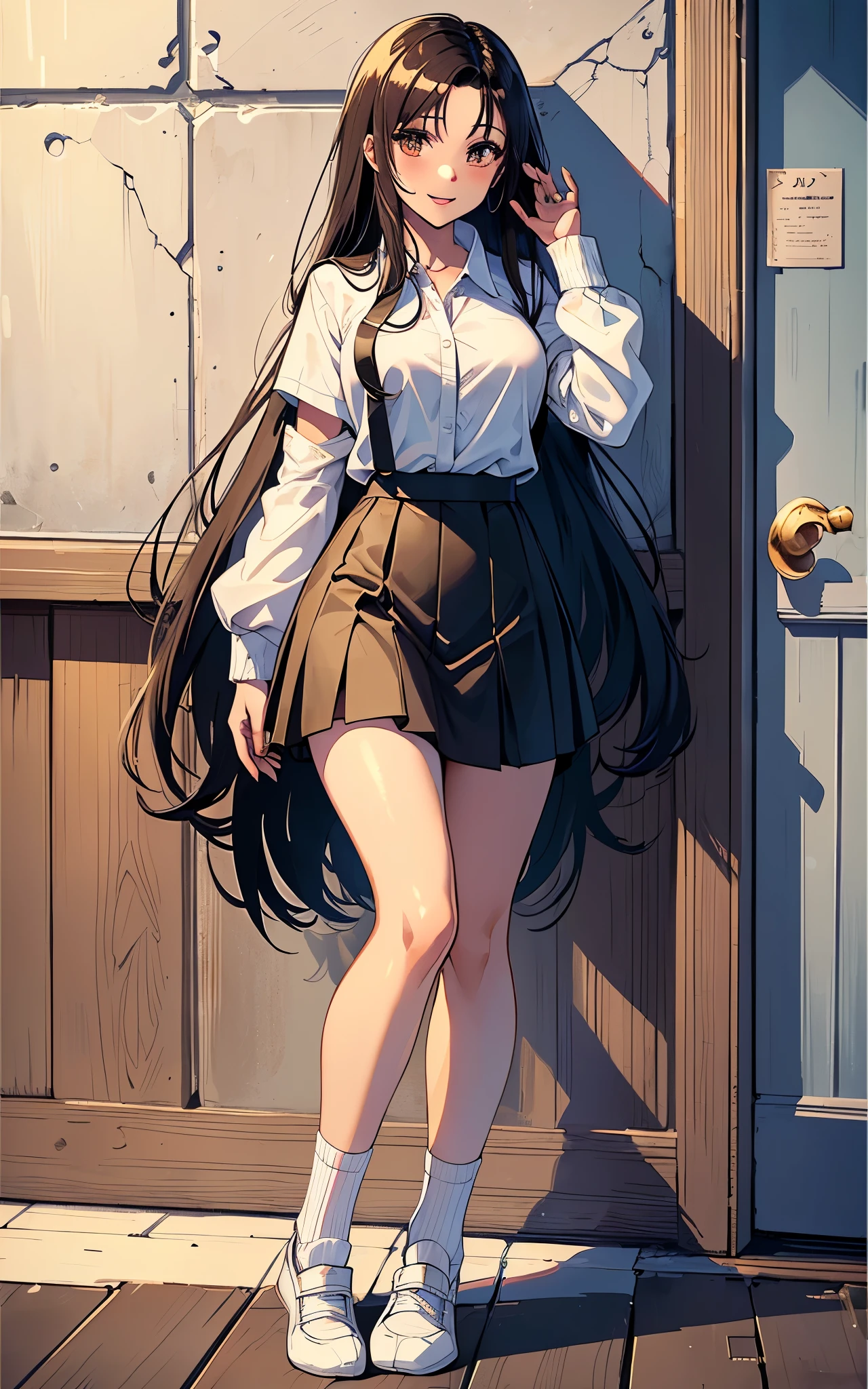 (((masterpiece, best quality, materia)))), 1 girl,alone, young Brazilian woman (19 years old, Natural and long black hair (Length to hip height)) Dressed in Japanese school(( white button short shirt,Mini pleated skirt,Alloy white T-shaped, socks skin color(Light brown)))), huge breasts, beautiful girl,bright smile