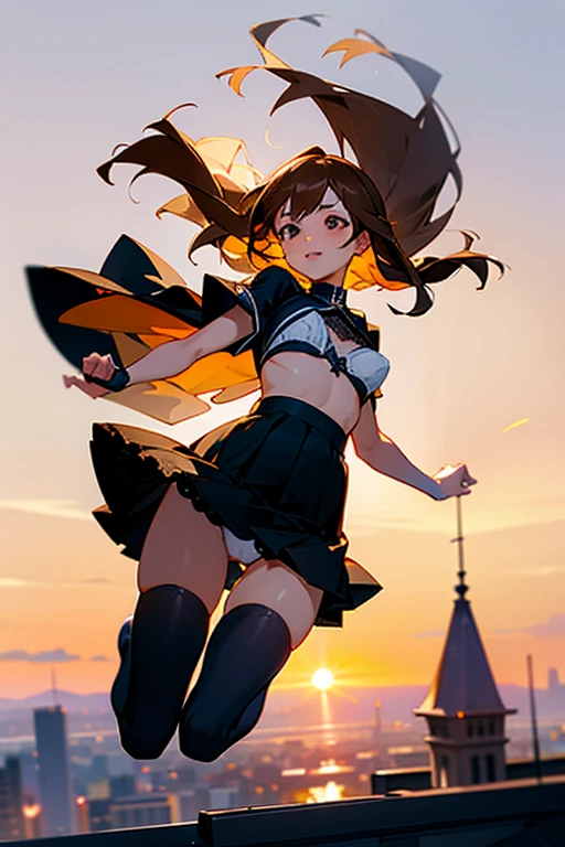 1 jumping Woman, dynamism, full body, A very beautiful and charming face, beautiful light brown hair, semifinal, floating hair, expressive hair, shiny hair, hair flaps, intense black eyes, strong eye highlights, small breasts, lip gloss, shy smile, parted lips, high school uniform, sheer summer clothes, body line visible, orange bra show through, navy blue short plears skirt, white lace panties, cameltoe, black stockings, zettai ryouiki, soft wind, sunset, on the rooftop, Looking up from the floor,flipping skirt, her panties sticking out in front.