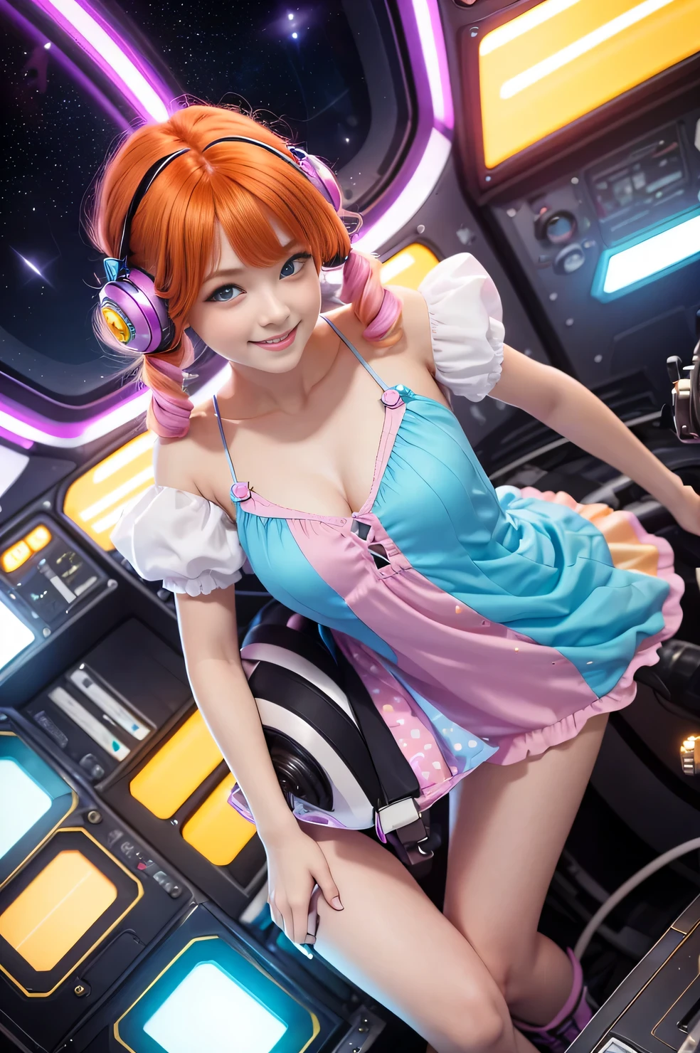 (overhead view) Cute redhead with rainbow colored hair tips, ribbons in her hair, 18-year-old woman, happy, smiling, in twin tails, perfect eyes, clear sparkling blue eyes, pale skin, silky smooth skin, flying a fancy metal luxurious space ship, futuristic cockpit, she's a pilot, outer space seen in windows, dark warm lighting, wearing a futuristic party dress, pleated (chemise) mini dress (pastel rainbow colors, and polka dots), puffy sleeves, silk, full body pantyhose, cute short cut booties, boots.