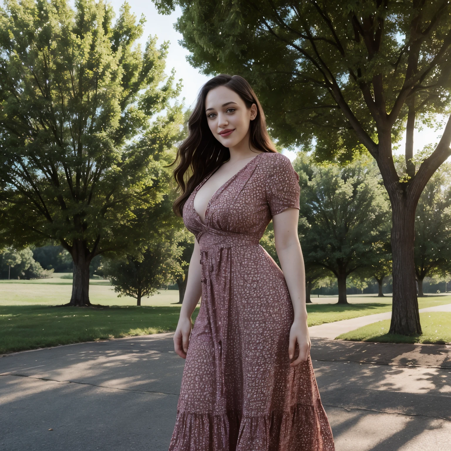 Kat Dennings in a tight sundress, grinning, standing under an oak tree