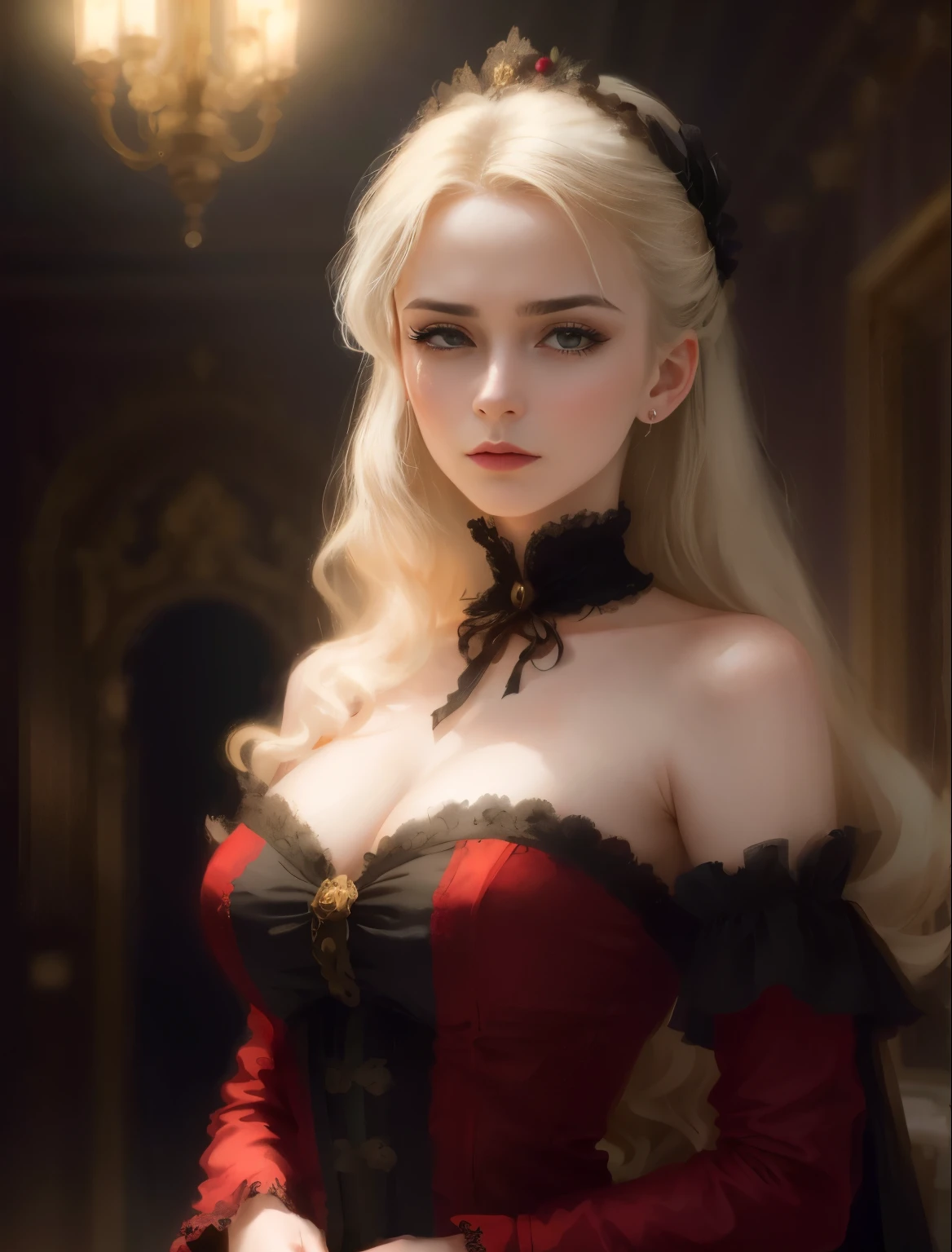 Arafed woman in a red dress stands in a dark room, gothic princess portrait, an elegant gothic princess, elegant victorian vampire, 8k artistic portrait photography, victorian vampire, romanticism portrait, Beautiful Victorian woman, portrait of a lady vampire, Beautiful female vampire queen, Portrait of a dark fantasy, Realistic fantasy photography, Dramatic cinematic portrait, Young Victorian sad fancy lady