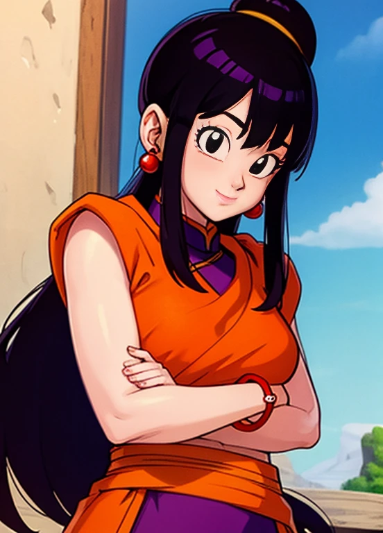 masterpiece, best quality, highest quality, photorealistic, perfect anatomy, perfect face, perfect eyes,
dbzch1ch1, sidelocks, bangs, single hair bun, hair bun, (black eyes), orange pashmina wrap, red sphere earrings , red wristbands, purple cheongsam, sexy  pose