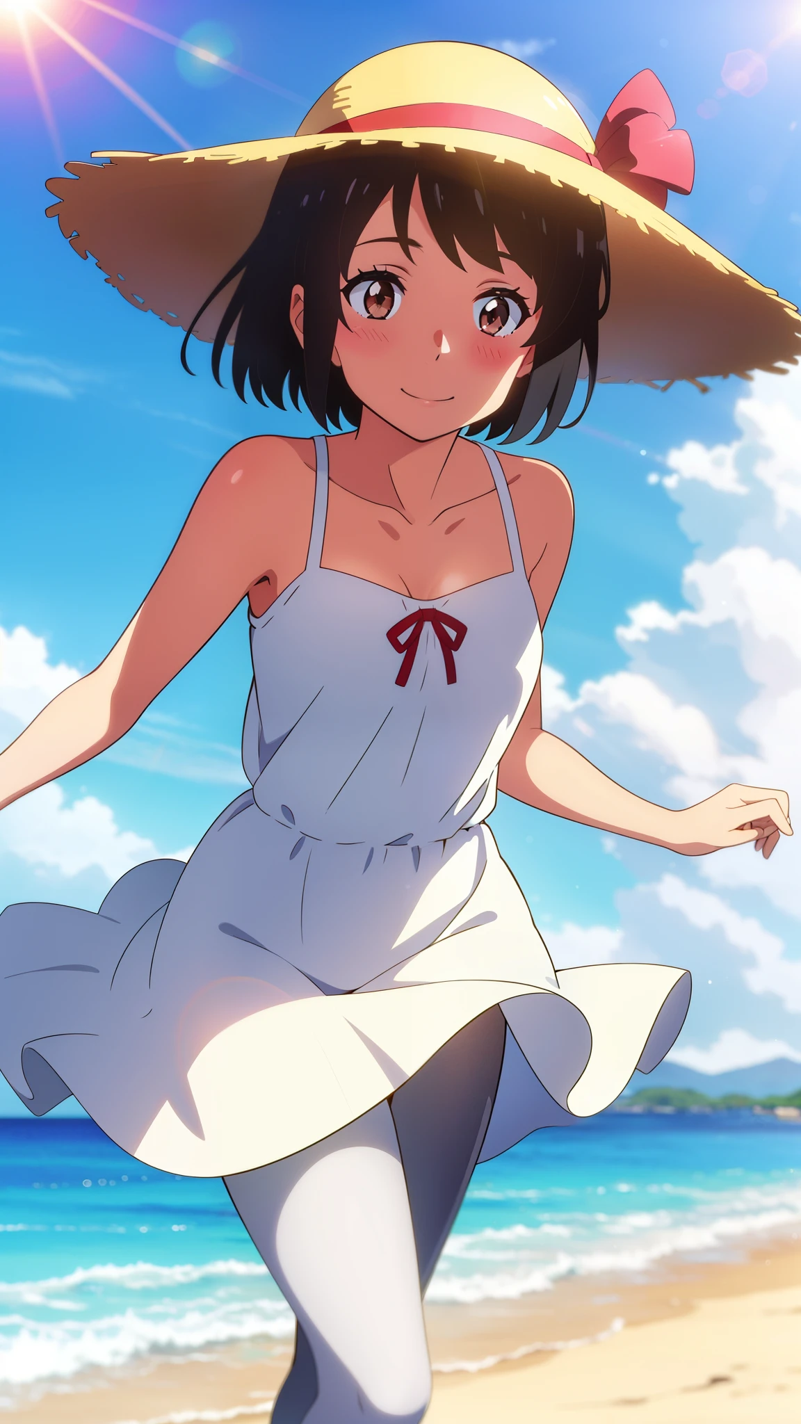 shinkai makoto, kimi no na wa., 1girl, bangs, black hair, blush, brown eyes, shiny skin, red headband, white dress, white pantyhose, , straw hat, short hair, smile, cute, solo, happy, summer beach, cloudy, blue sky, sunlight, lens_flare, bright, Splash