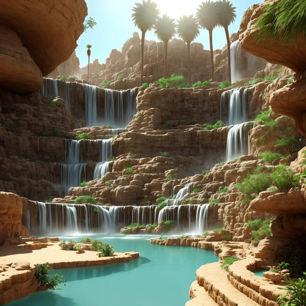 Underground city in the desert with huge waterfalls scattered around that take irrigation water from the land of the oasis and is used to thrive, melhor qualidade, Photographic, 8k