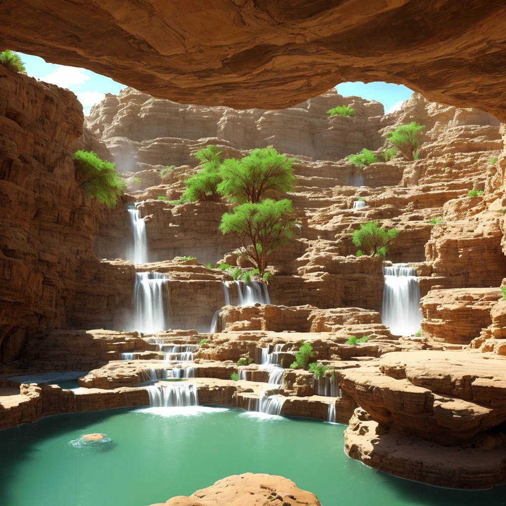 Underground city in the desert with huge waterfalls scattered around that take irrigation water from the land of the oasis and is used to thrive, melhor qualidade, Photographic, 8k