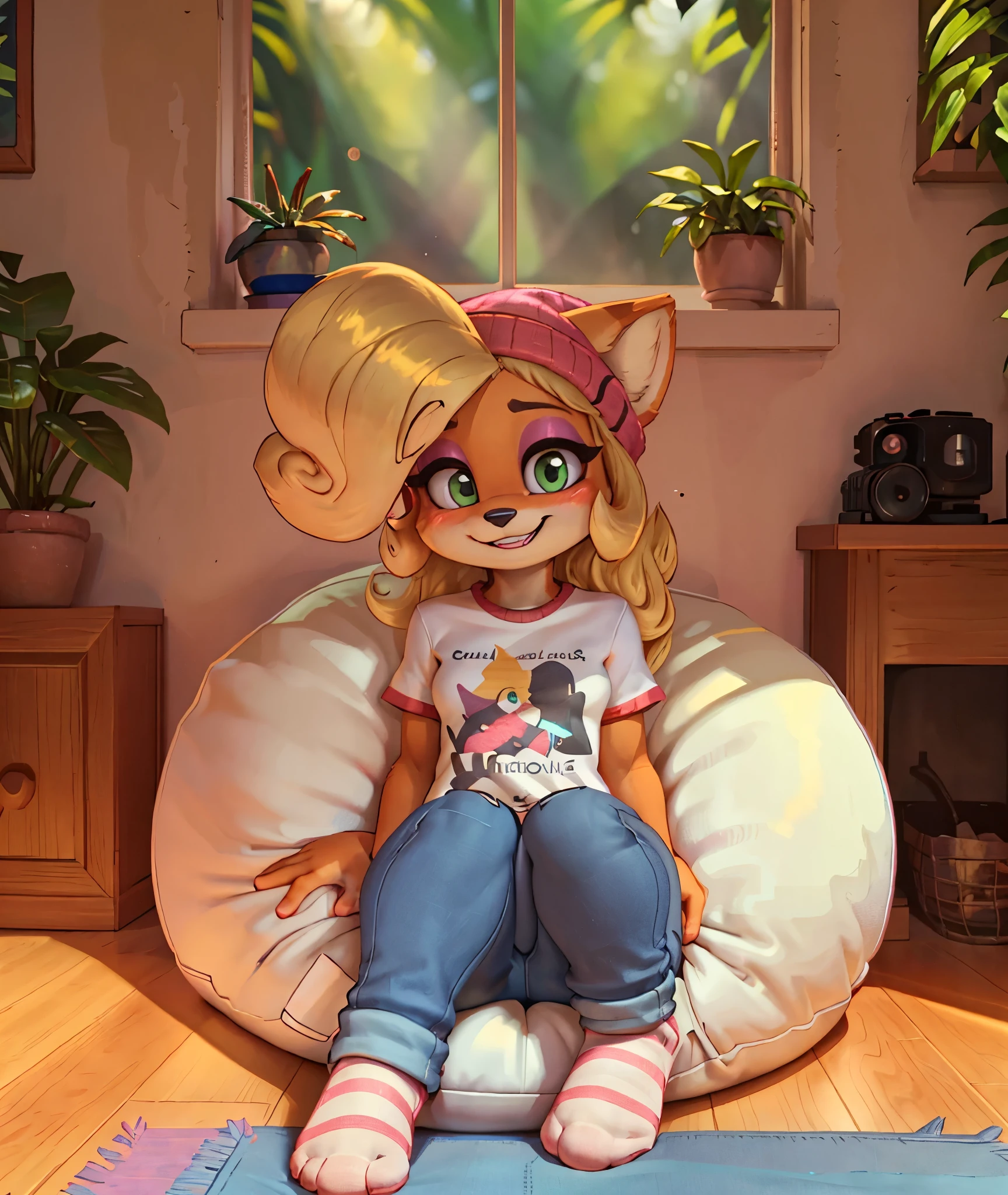 [Coco bandicoot], [Uploaded to e621.net; (Pixelsketcher), (wamudraws)], ((masterpiece)), ((HD)), ((solo portrait)), ((full body)), ((front view)), ((feet visible)), ((furry; anthro)), ((detailed fur)), ((detailed shading)), ((beautiful render art)), ((intricate details)), {anthro; orange fur, black nose, (cute green eyes), (short eyelashes), (pink eyeshadow), (long blonde curly hair), (curvy hips), (beautiful legs), (blushing), (cute grin), (excited expression)}, {white tee shirt), (yellow star printed on shirt), (tight jeans), (white socks), (pink beanie)}, {(sitting on beanbag), (looking at viewer)}, [background; (tropical forest), (tree house), (living room), (pink beanbag), (window), (blue sky), (sun rays)]