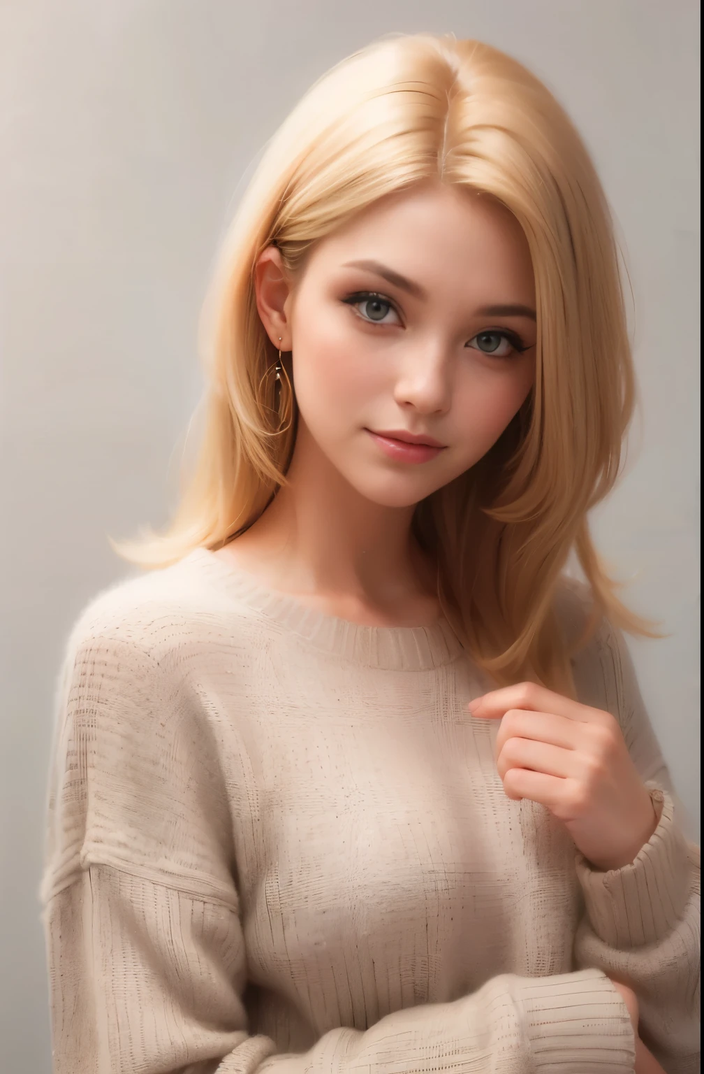Portrait of a model with blonde hair in a warm designer sweater, in the style of branded clothing, With a sweater in the palm of your hand, Panasonic GH5, Happy expressions, Low image, Clear texture - Image #2 @SlangSlang