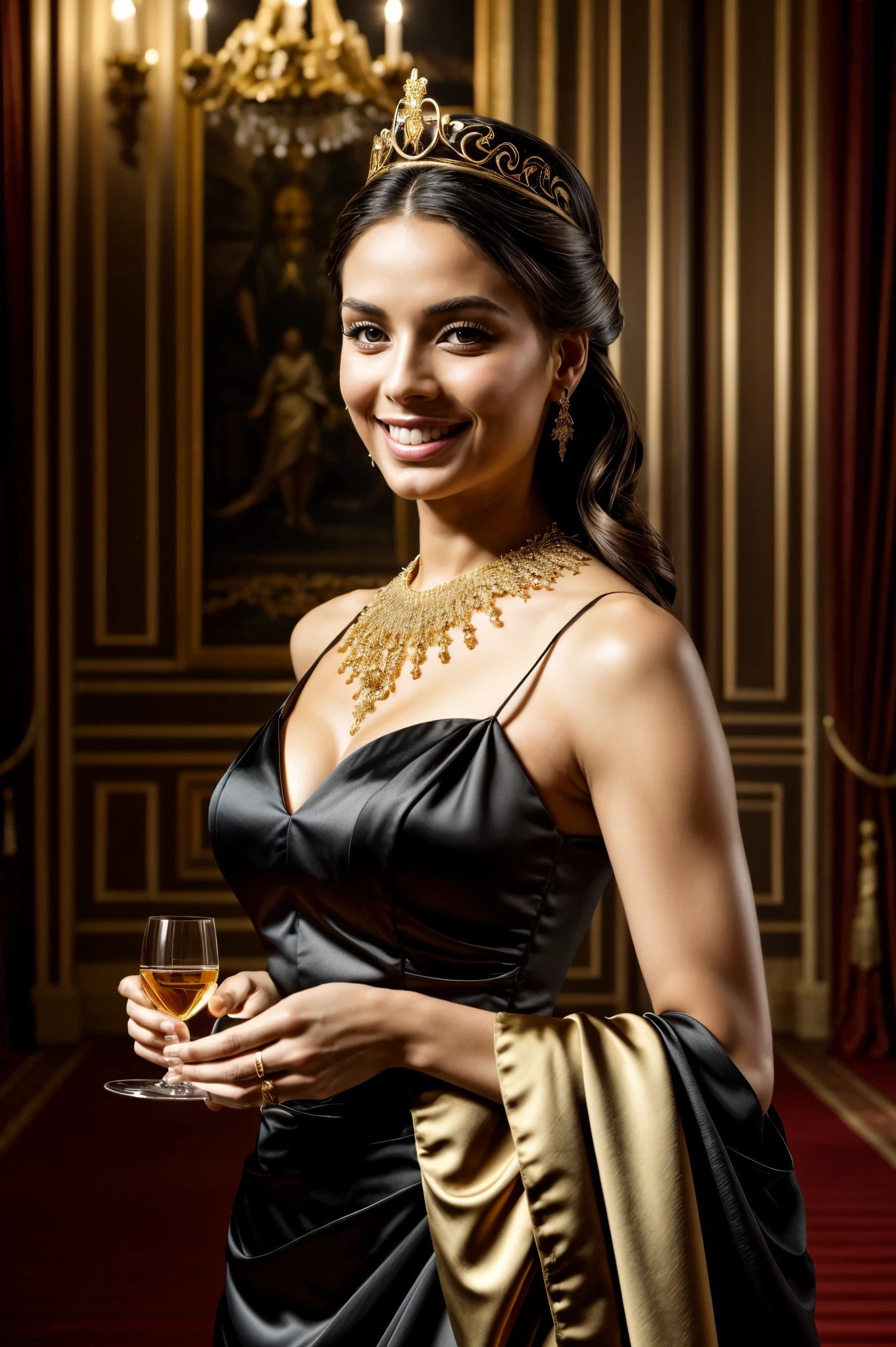 best quality, masterpiece, official art, professional, Astonishing, Very detailed, Very detailed, fine details, Super detailed, 8k wallpaper, high resolution, (actual, photo-actual:1.4), original photo, whole body, The queen wears a black silk dress,A gold-trimmed fur shawl draped over the shoulders, Noble and mysterious. Smile, confidently, Hold the glass gracefully