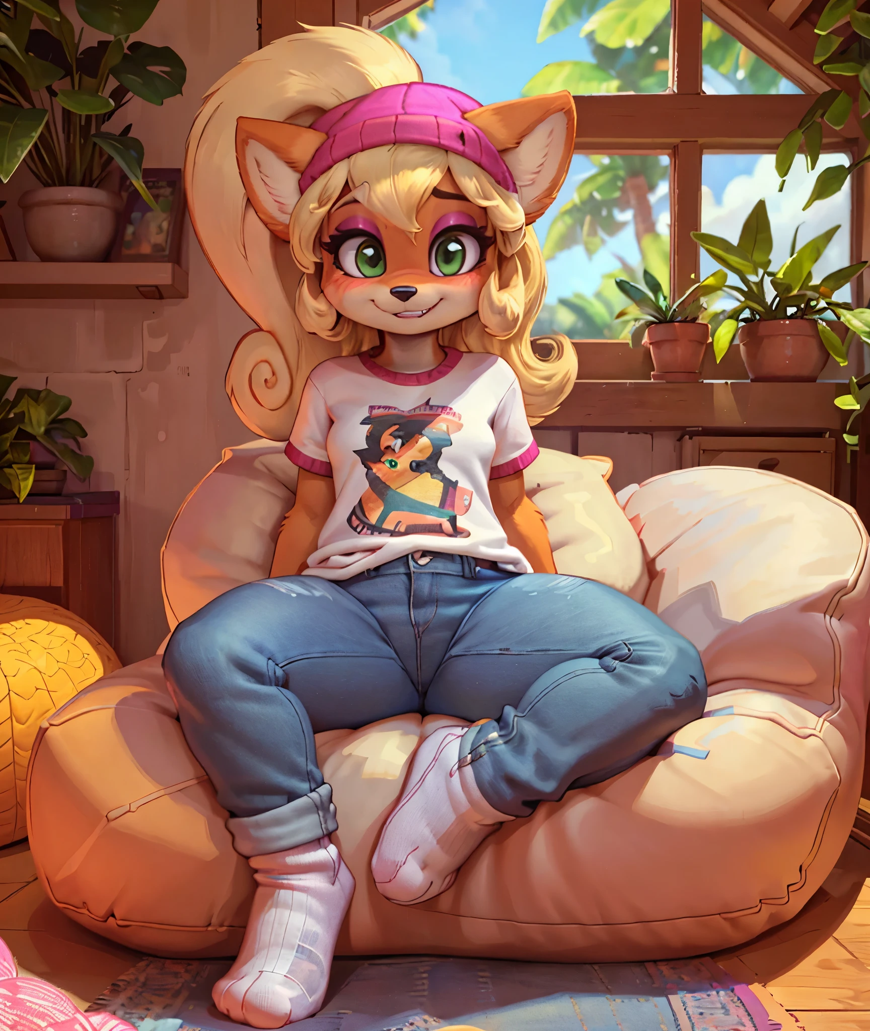 [Coco bandicoot], [Uploaded to e621.net; (Pixelsketcher), (wamudraws)], ((masterpiece)), ((HD)), ((solo portrait)), ((full body)), ((front view)), ((furry; anthro)), ((detailed fur)), ((detailed shading)), ((beautiful render art)), ((intricate details)), {anthro; orange fur, black nose, (cute green eyes), (short eyelashes), (pink eyeshadow), (long blonde curly hair), (curvy hips), (beautiful legs), (blushing), (cute grin), (excited expression)}, {white tee shirt), (yellow star printed on shirt), (tight jeans), (white socks), (pink beanie)}, {(sitting on beanbag), (looking at viewer)}, [background; (tropical forest), (tree house), (living room), (pink beanbag), (window), (blue sky), (sun rays)]