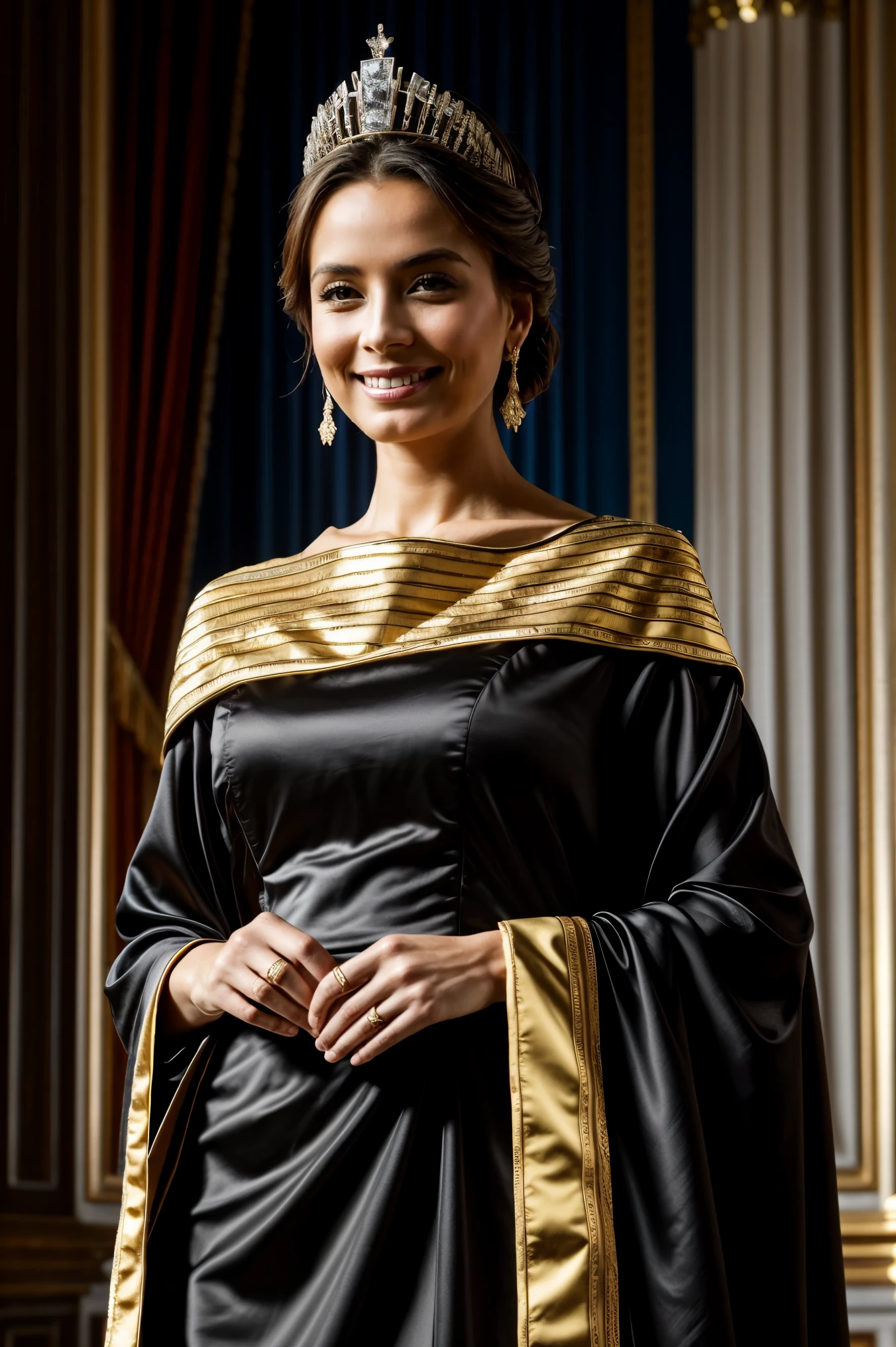 best quality, masterpiece, official art, professional, Astonishing, Very detailed, Very detailed, fine details, Super detailed, 8k wallpaper, high resolution, (actual, photo-actual:1.4), original photo, whole body, The queen wears a black silk dress,A gold-trimmed fur shawl draped over the shoulders, Noble and mysterious. Smile, confidently, Hold the glass gracefully