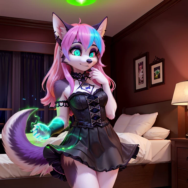 hellhound in gothic make up with purple fur long Pink hairs with Blue Highlights and glowing Green eyes wearing black skirt and black top looking at her self there are some traces of magic floating around her she is in a bedroom 