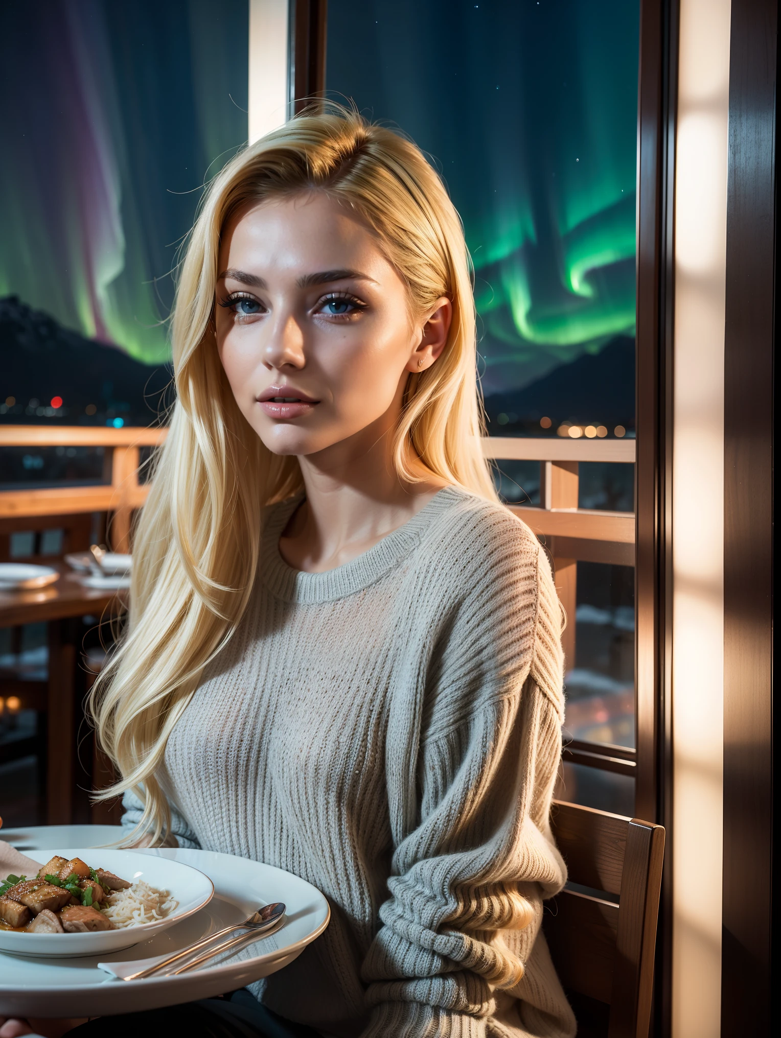 An ultra hot gorgeous European woman, age 23, blonde hair. she's a playmate, men magazine model,smiling, wearing a loose v neck wool sweater random winter color. Mexican cuisine,At meal. Behind a large window. Outside, northern lights.