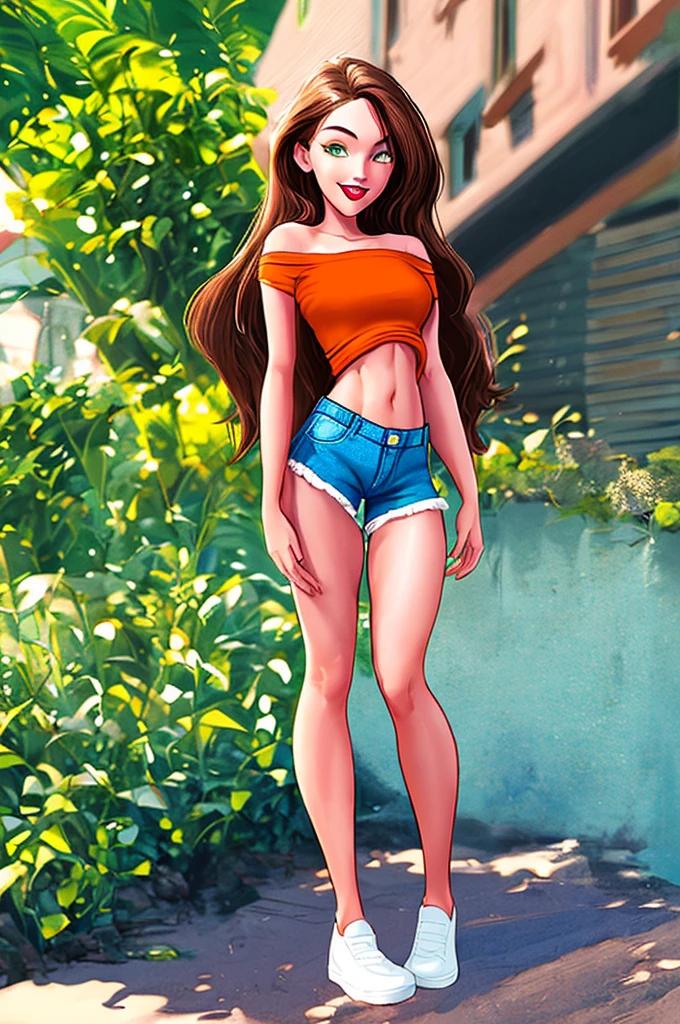 sexy, 1girl, skinny, medium breast, narrow waist, long brown hair, green eyes, big eyes, light pink lipstick, one shoulder tee orange shirt, blue shorts, white legs gaiters, black shoes, smile, open mouth, full body, backyard