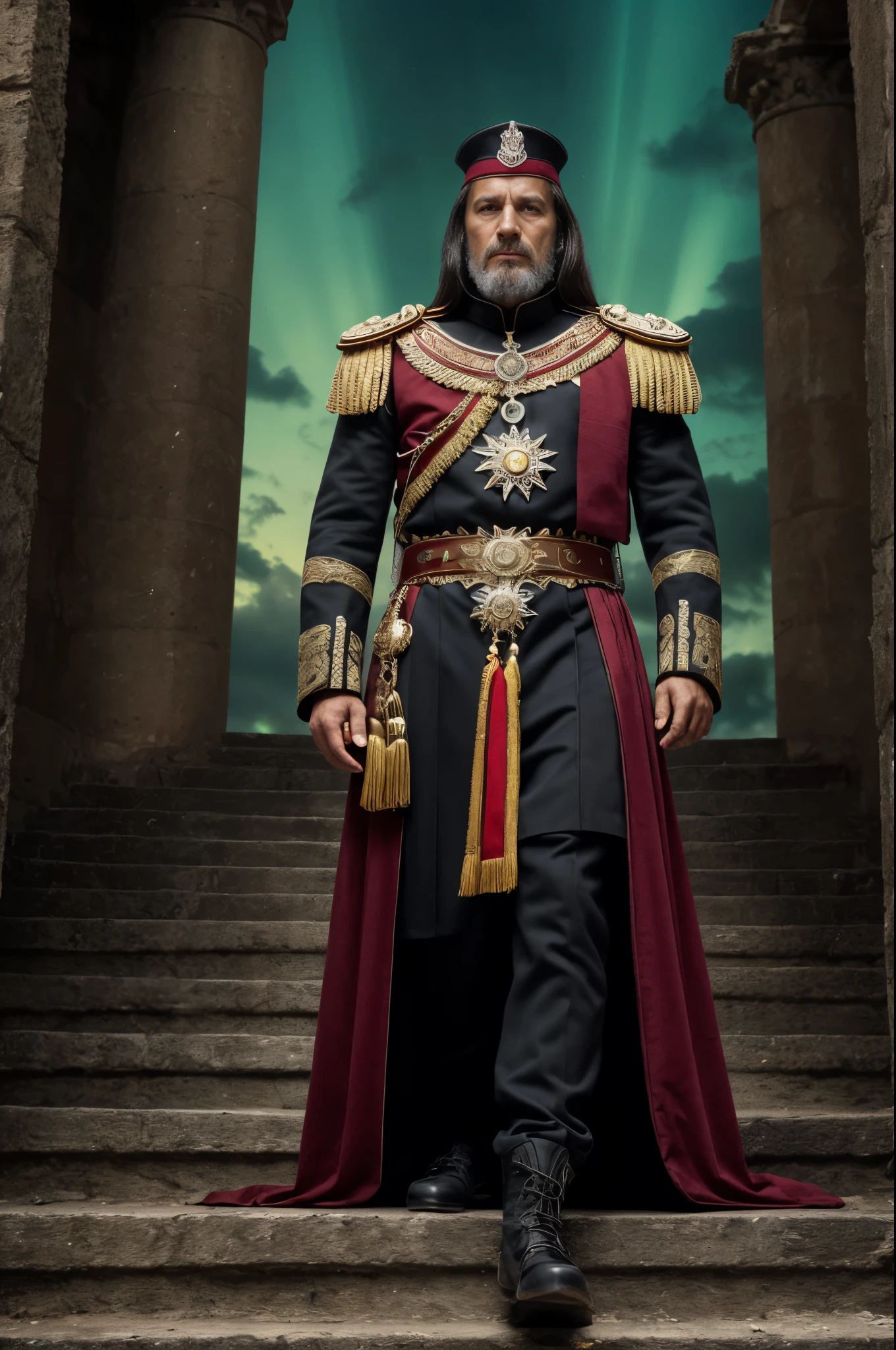 beautiful queen, God, War hero, A grim overlook of the ancient castle ruins, look down, Detailed face and eyes, Stand on the steps, war mobilization rally, sacred black background, fantasy, (bioluminescence), Brilliant light, shining majestic sky, golden and silver colors, (best quality,Very detailed,masterpiece,human development report,ultra high definition,K:1.3),professional,Bright colors