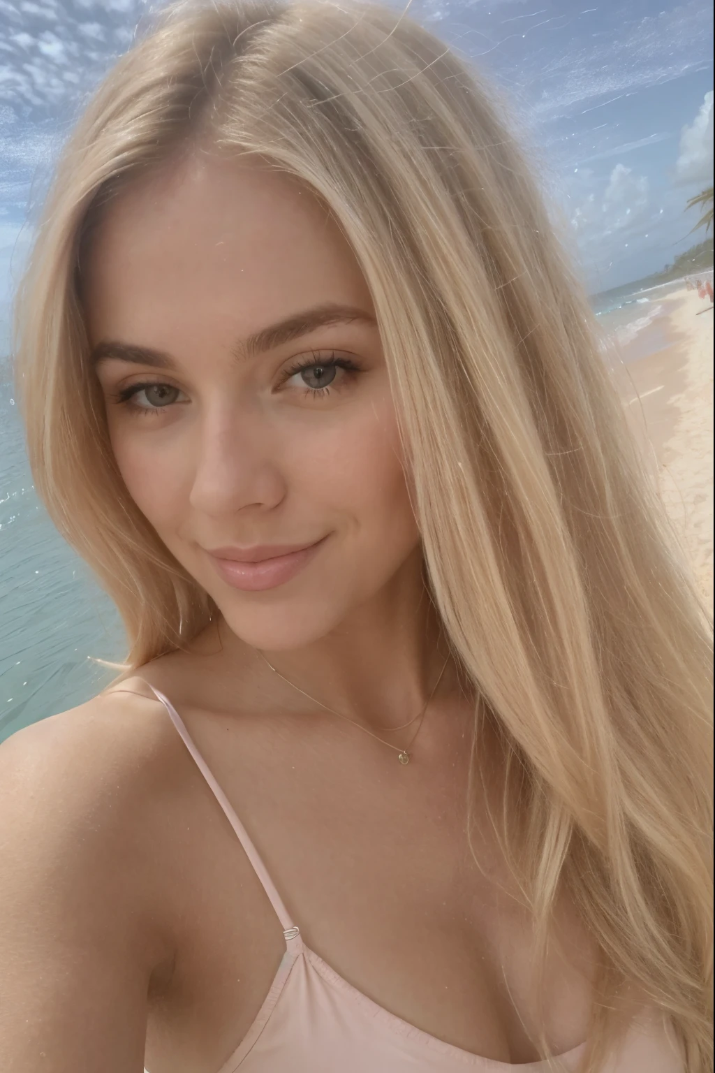 A 23-year-old blonde woman, ((pechos grandes)), ((hiperrealismo)) ,. blonde hair with light brown roots. cabello rubio, Hair with brown roots, cabello extra largo, cabello muy largo, really long hair, Beautiful, HD iPhone, photo taken with iPhone, elegant pink bikini with escote, escotada, selfie on Carribean beach, high quality, selfie iPhone, sultry smile