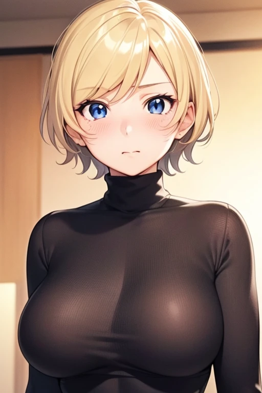 mangamichirum, 1girl, blond hair, short hair, blush, large breast, ((black long sleeve undershirt, turtleneck)), upper body, looking at view, (masterpiece, high resolution, best quality, anime screencap, anime colored, 8k, photorealistic), (perfect detailed anatomy, beautiful detailed eyes&hair, perfect detailed body, shiny skin)