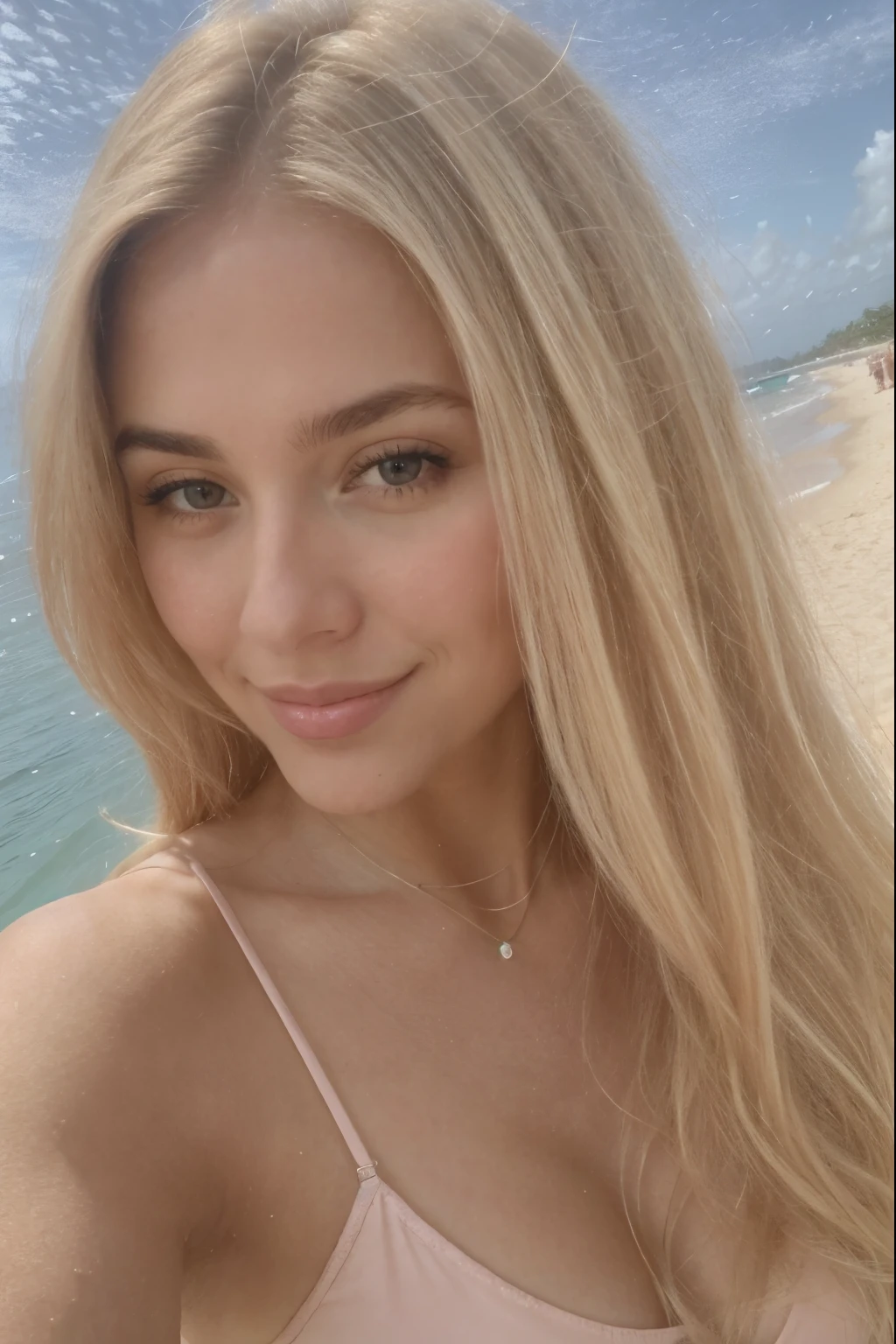 A 23-year-old blonde woman, ((pechos grandes)), ((hiperrealismo)) ,. blonde hair with light brown roots. cabello rubio, Hair with brown roots, cabello extra largo, cabello muy largo, really long hair, brown eyes, Beautiful, HD iPhone, photo taken with iPhone, elegant pink bikini with escote, escotada, selfie on Carribean beach, high quality, selfie iPhone, sultry smile