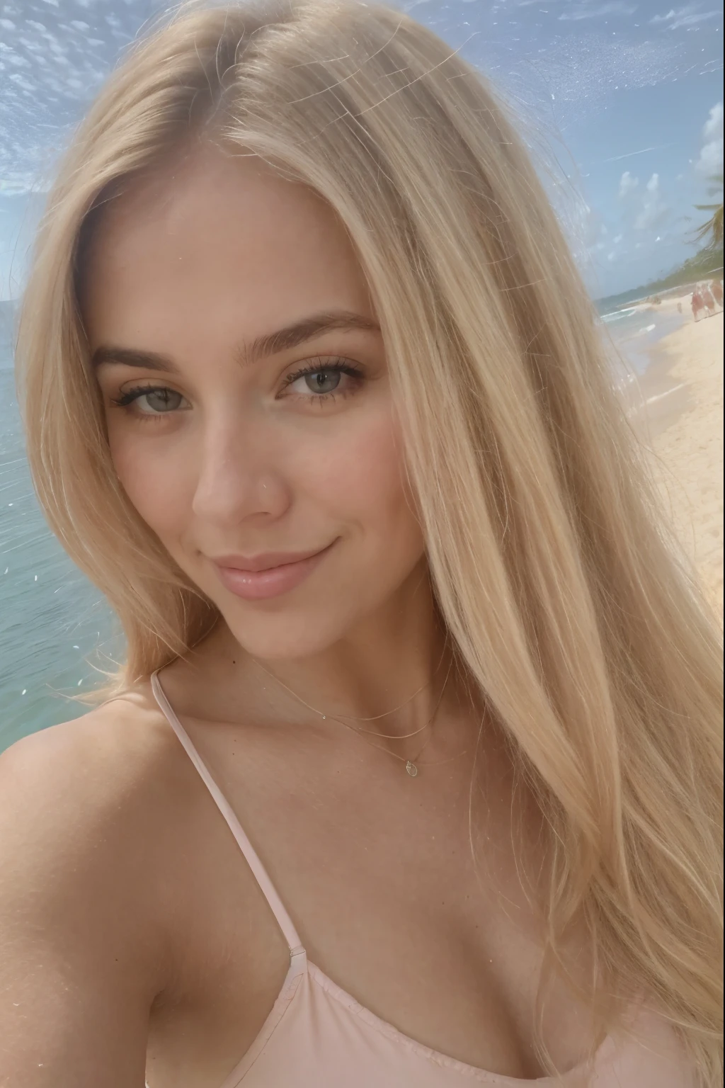 A 23-year-old blonde woman, ((pechos grandes)), ((hiperrealismo)) ,. blonde hair with light brown roots. cabello rubio, Hair with brown roots, cabello extra largo, cabello muy largo, really long hair, brown eyes, Beautiful, HD iPhone, photo taken with iPhone, elegant pink bikini with escote, escotada, selfie on Carribean beach, high quality, selfie iPhone, sultry smile