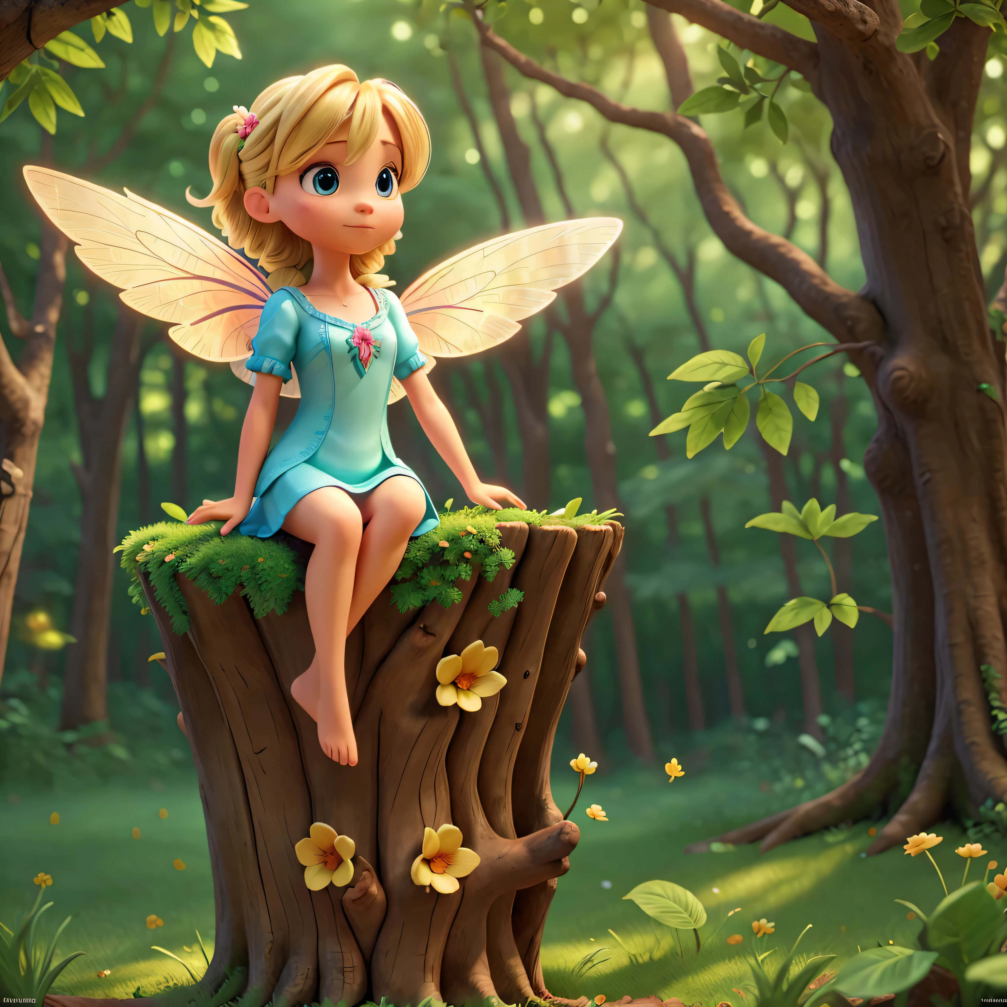 UHD illustration of an incredibly cute and beautiful winged fairy sitting on a
beautiful flower in a tree trunk, disney-pixar style, blonde hair, leaf clothes,
In a bright magical forest., ultra HD, realistic, vivid colors, highly detailed UHD drawing, pen and ink, perfect composition,
beautiful intricately detailed and intricate octane rendering trends in artstation, 8k artistic photography,
digital art, natural and soft volumetric cinematic perfect light