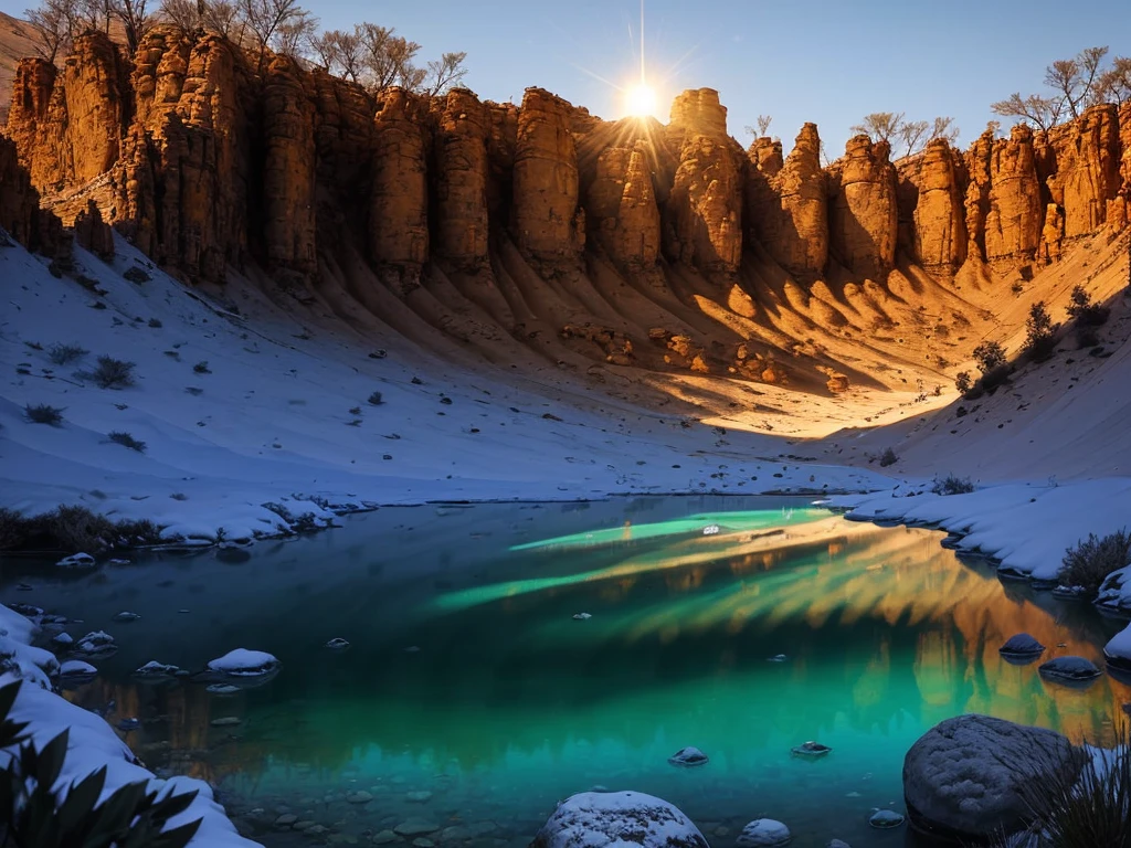 "（The best premium masterpiece-level resolution）Jordan Valley，Mostra um grupo de peregrinos caminhando no deserto，Pass by an oasis with crystal clear spring water，（Muitos peregrinos ficam na nascente para descansar：1.5），Plantas do deserto e cactos，There is a lot of light during the day when the sun is shining，Exiba cores vibrantes e visuais de cena ultra-detalhados。"