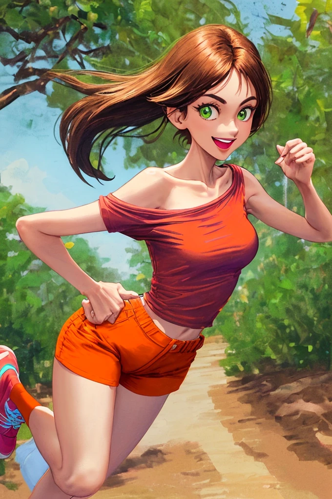 sexy, 1girl, skinny, medium breast, narrow waist, long brown hair, green eyes, big eyes, light pink lipstick, one shoulder tee orange shirt, blue shorts, white legs gaiters, black shoes, smile, open mouth, full body, backyard