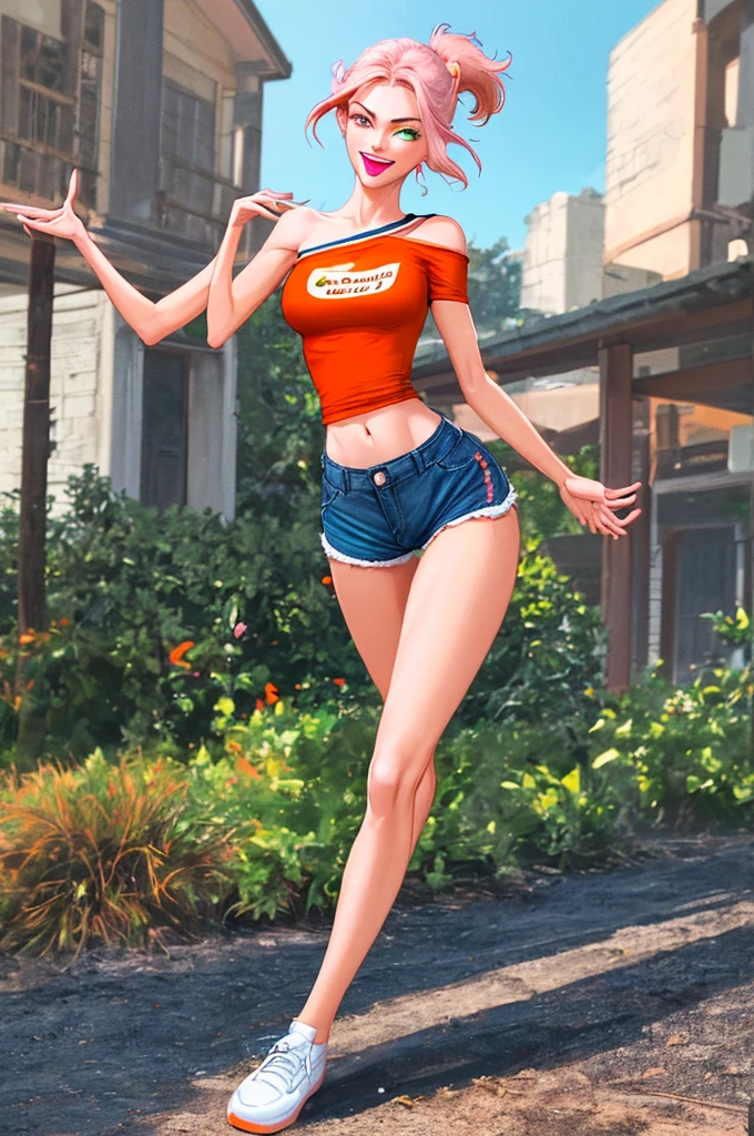 sexy, 1girl, skinny, medium breast, narrow waist, long brown hair, green eyes, big eyes, light pink lipstick, one shoulder tee orange shirt, blue shorts, white legs gaiters, black shoes, smile, open mouth, full body, backyard