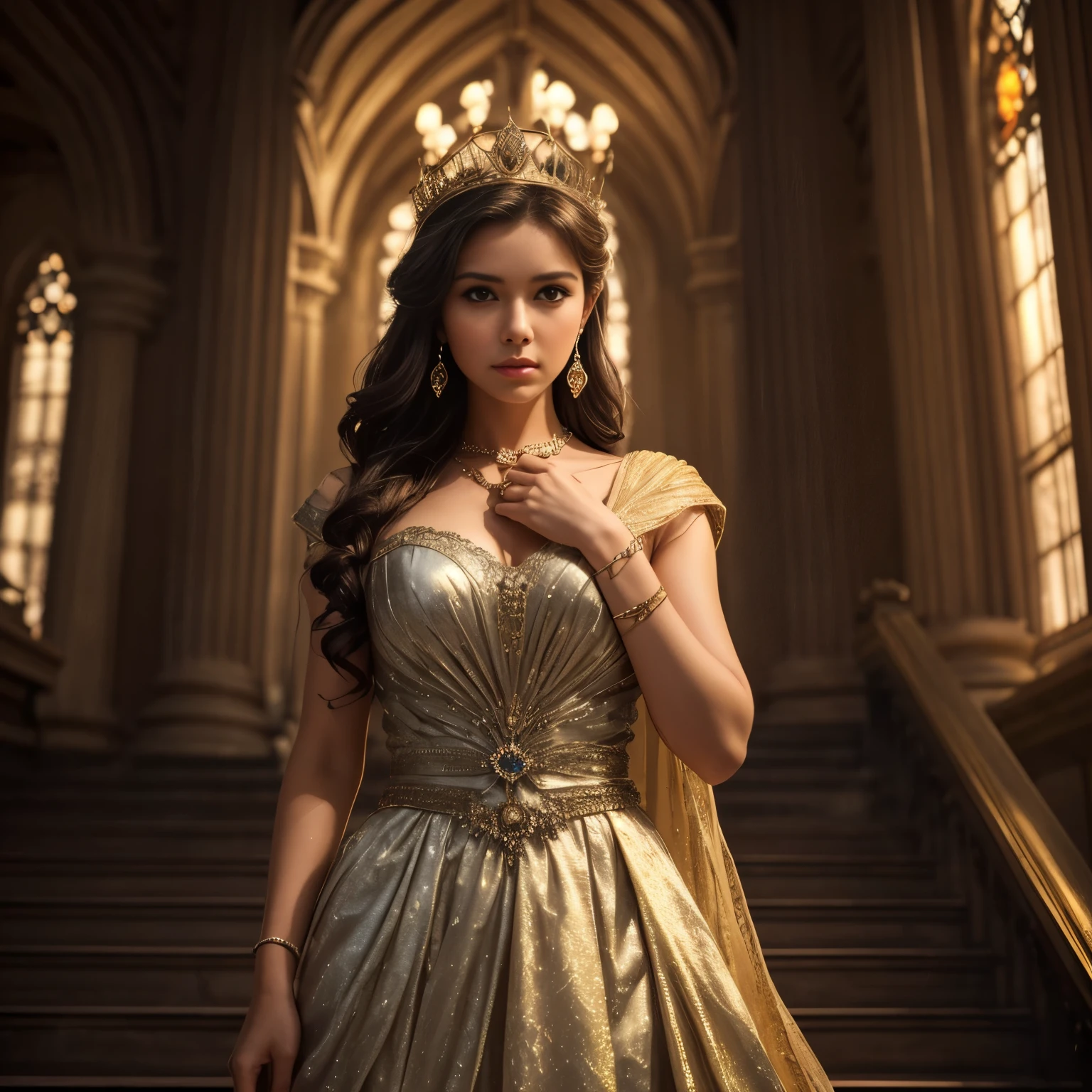 beautiful queen, A grim overlook of the ancient castle ruins, look down, Detailed face and eyes, Stand on the steps, war mobilization rally, sacred, fantasy, shining majestic sky, golden and silver colors, (best quality, masterpiece, human development report, ultra high definition, K, professional, official art:1.3), (actual, photo-actual, original photo:1.4), extremely delicate and beautiful, Astonishing, rim light, dramatic lighting, bright colors, Bokeh
