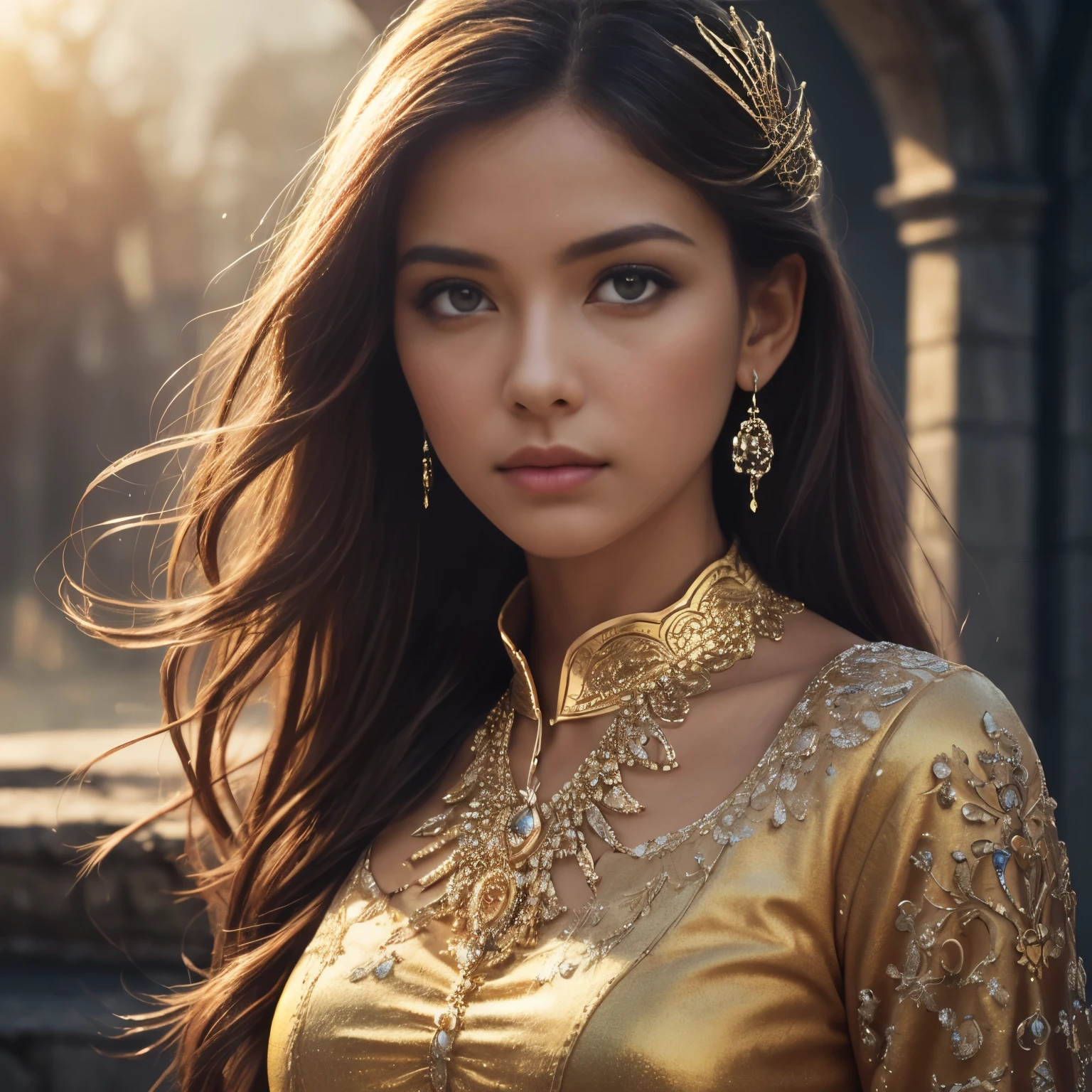 beautiful queen, A grim overlook of the ancient castle ruins, look down, Detailed face and eyes, Stand on the steps, war mobilization rally, sacred, fantasy, shining majestic sky, golden and silver colors, (best quality, masterpiece, human development report, ultra high definition, K, professional:1.3), (actual, photo-actual, original photo:1.4), extremely delicate and beautiful, Astonishing, rim light, dramatic lighting, bright colors, Bokeh