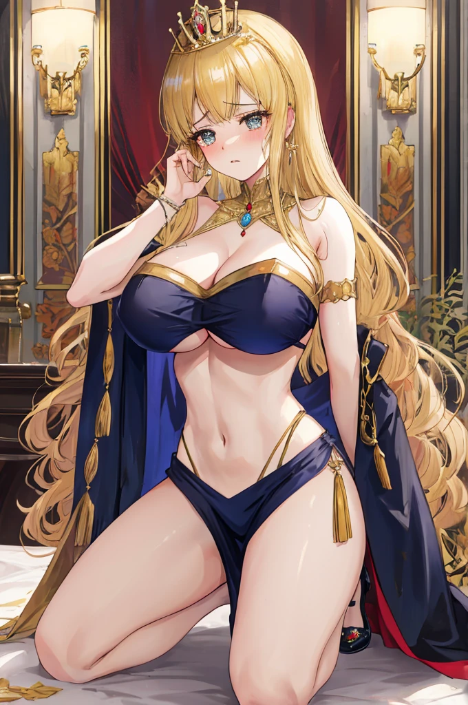A woman with big ,Gorgeous young princess,victorian style,clavicle,Prominent and smooth underboob,golden saint,exquisite,pubic,in the bedroom,kneeling,shed tears,Fear,