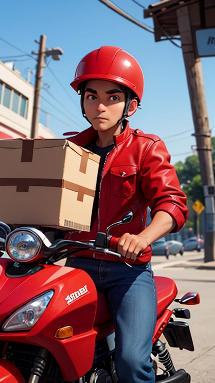 A delivery person in a red jacket is riding a motorcycle, carrying a box labeled "JITU EXPRESS," with three additional boxes, each labeled "ASPIRASI."