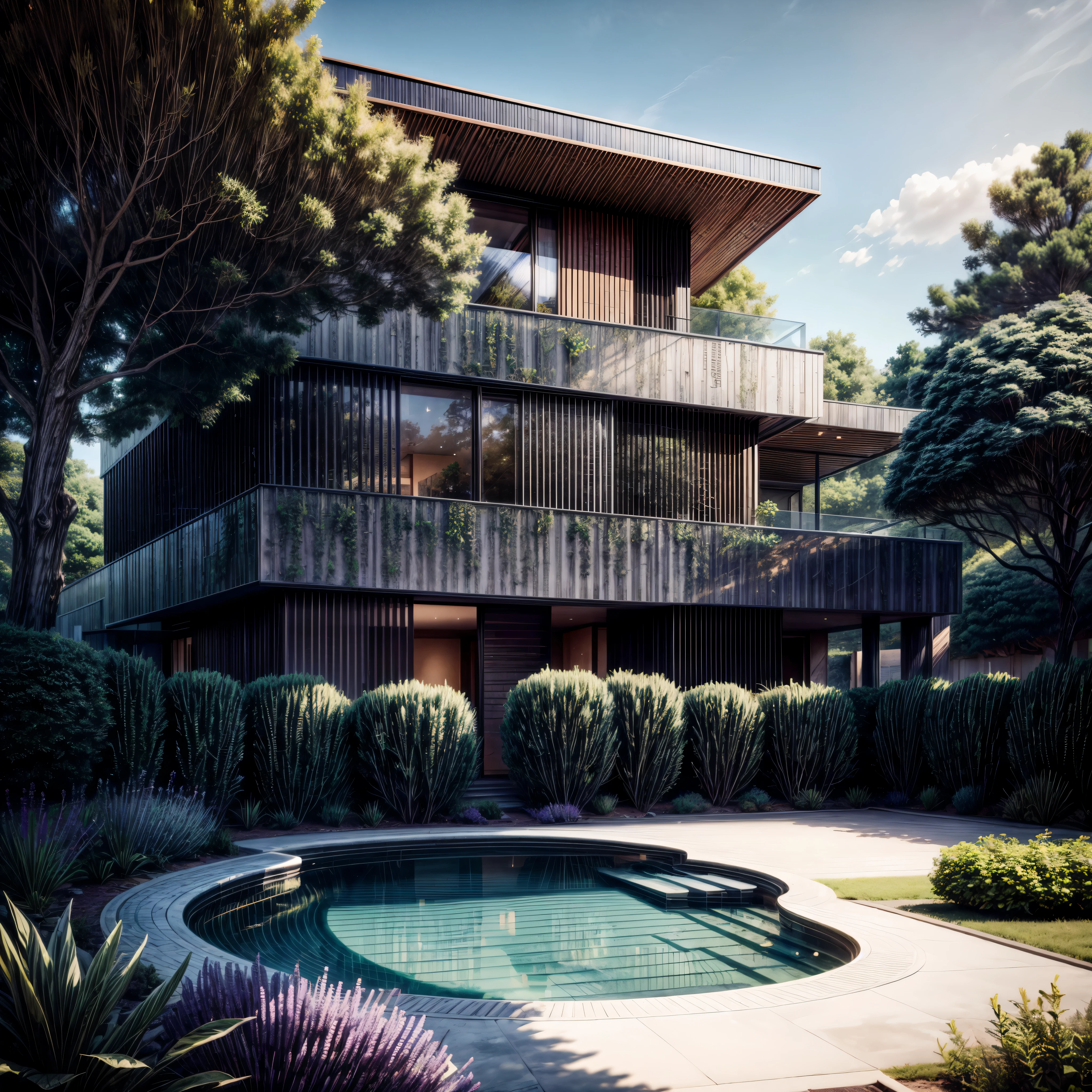 Organic modern architecture on a fairly large plot, from , there is a swimming pool in the middle of a large house of a flower, color of the house in chocolate brown and black beams, large modern residence, flat roofs and garden, render luxcore, render oktane, a photorealistic rendering, architectural rendering, mantra rendering, architectural rendering, realistic rendering, architectural visualization, wellness pool,  Architectural visualization, large green zones, with small zones of lavender flowers, green shrubs type lush green garden, as well as small water mirrors, swimming pool embedded in an area of sand, olive and pine trees around the house, paddle court next to the house