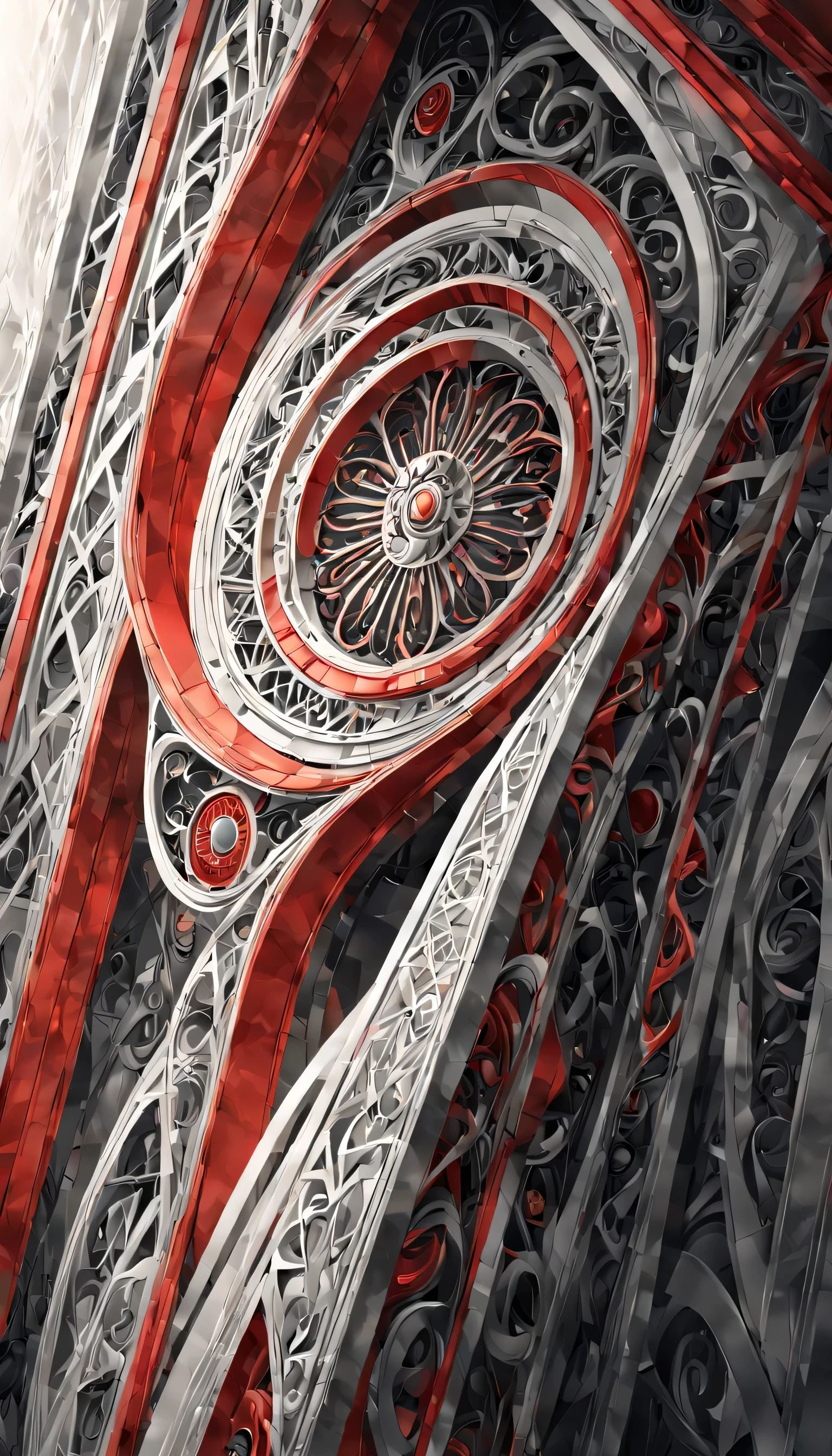 art deco:wall,Geometric pattern,straight lines and curves, intricate details. very detailed, Complex motifs, organic tracery, perfect composition, digital painting, art station, concept art, Smooth,, shape, T Masterpiece, highest quality, award-winning, High resolution, ,Beautiful and amazing,draw carefully,finely,black,red,Silver